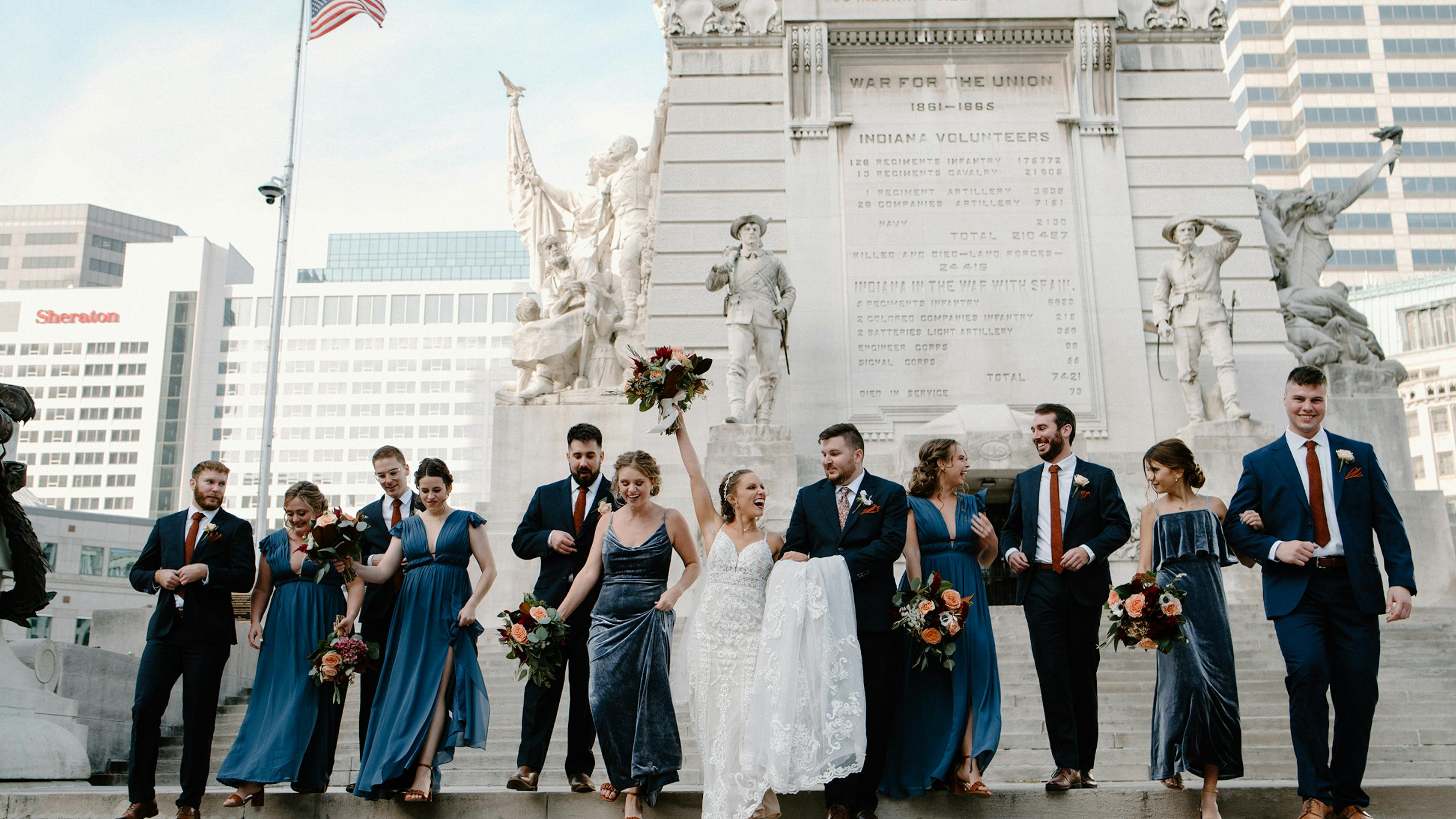 Blue wedding party dresses and suits
