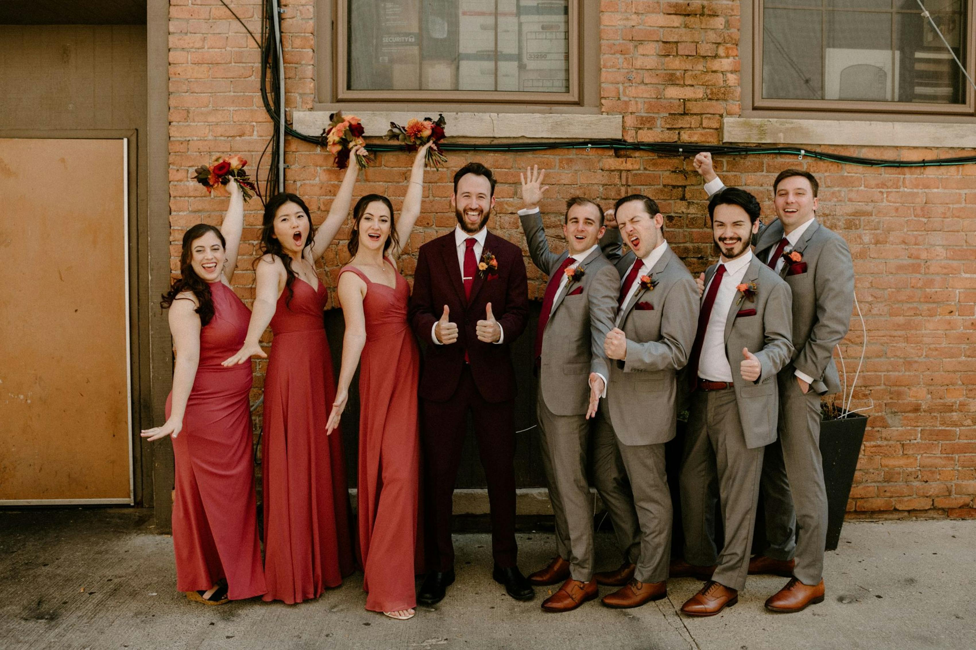 burgundy, maroon, and grey wedding party outfit looks