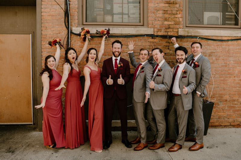 burgundy, maroon, and grey wedding party outfit looks