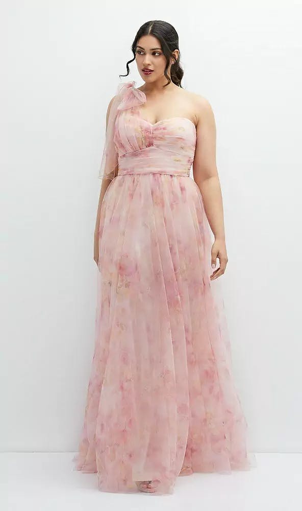 Blush pink one shoulder tulle bridesmaid dress with flower pattern