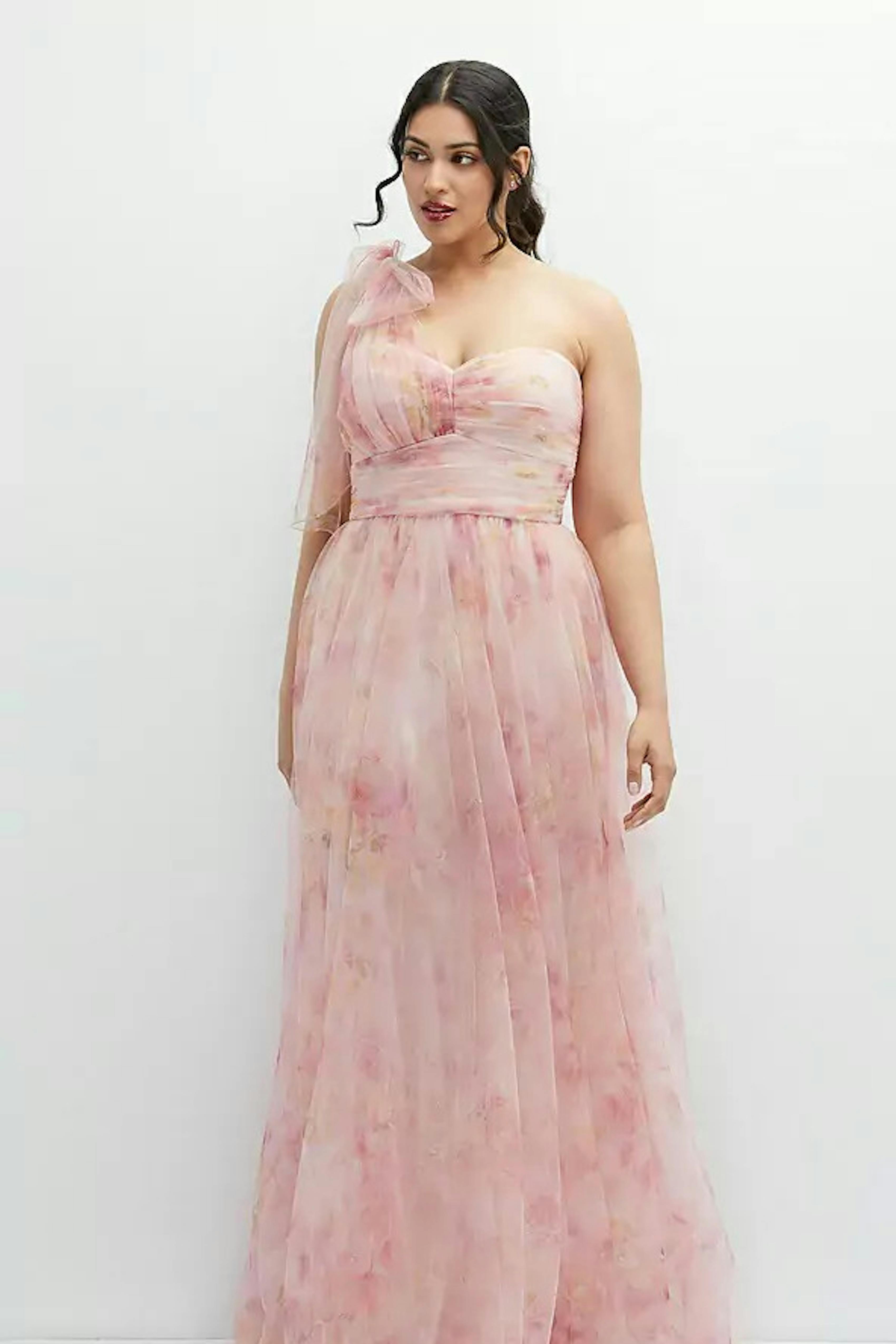 Blush pink one shoulder tulle bridesmaid dress with flower pattern