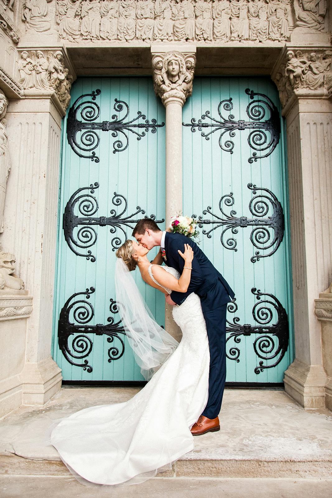 Groom in navy blue wedding suit for men