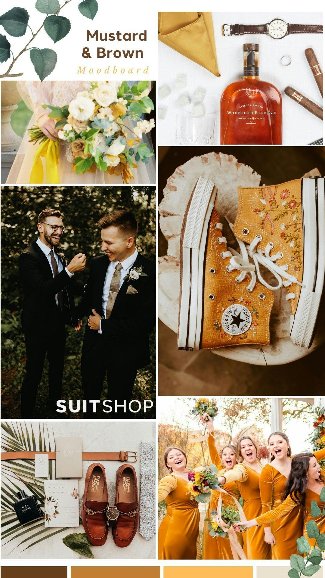 Collage mood board of earthy wedding aesthetic with brown, cognac, black, and mustard yellow for shoes, dresses, and wedding suits.
