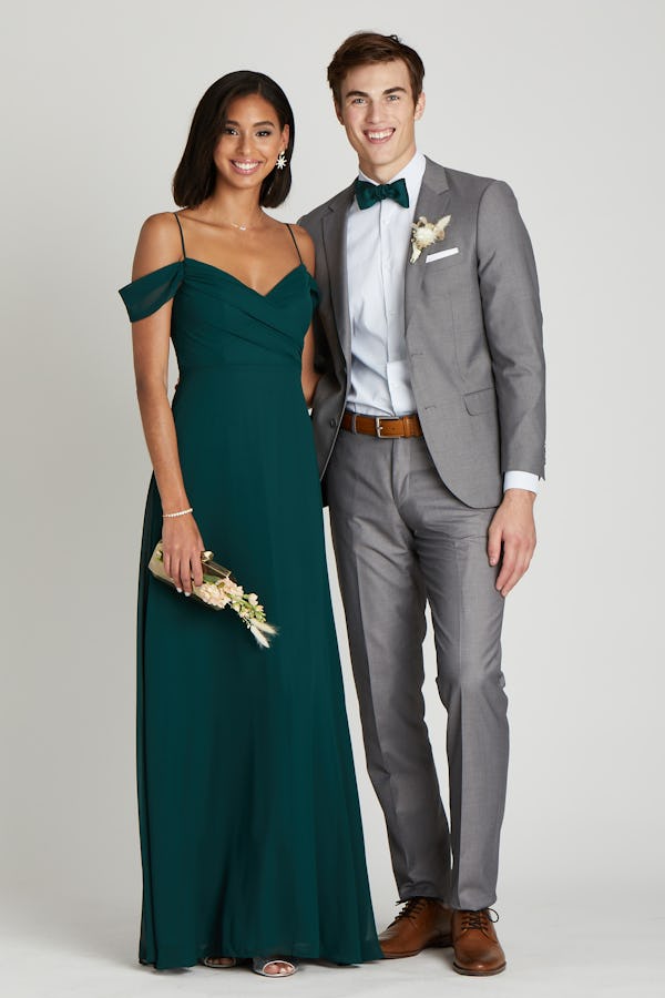 grey suit green bridesmaids dress