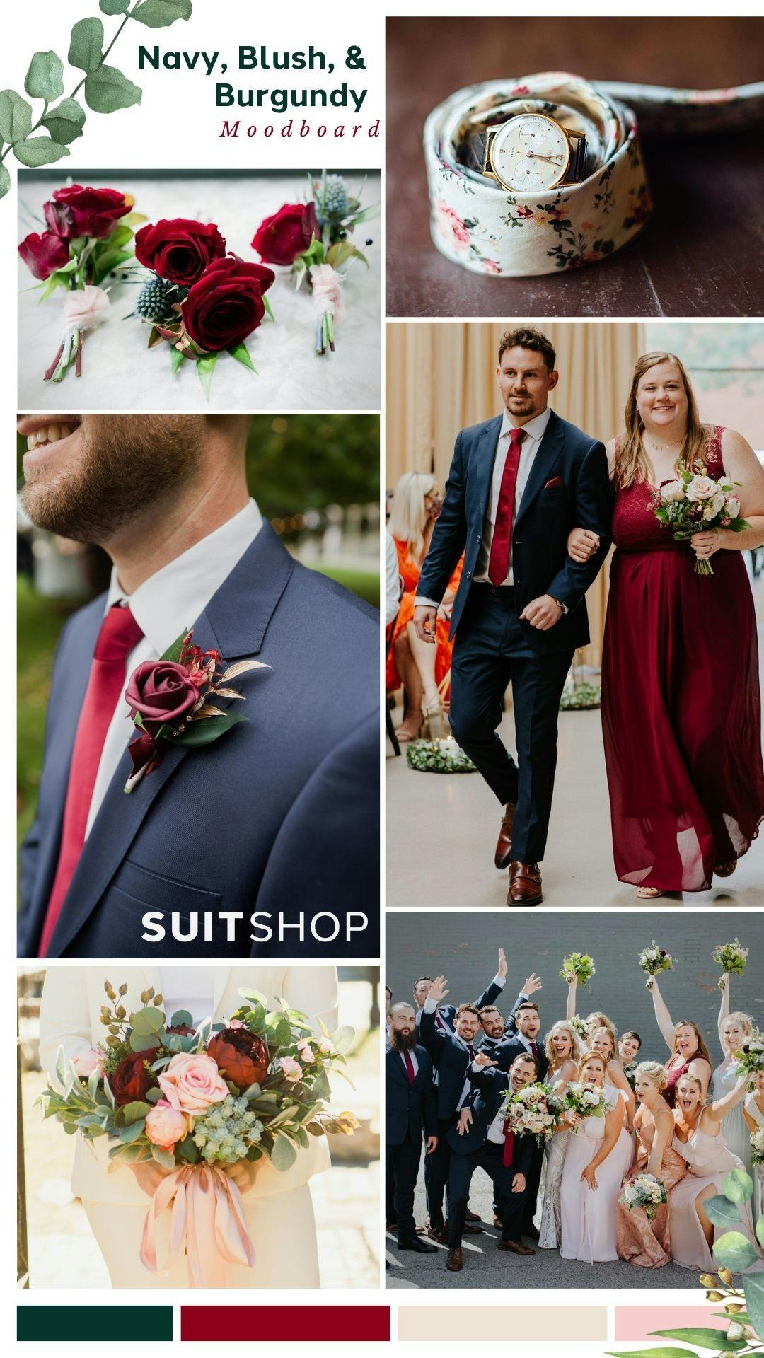 Wedding florals, ties, suits, dresses, and wedding party photos in a navy, blush, and burgundy color palette for spring.