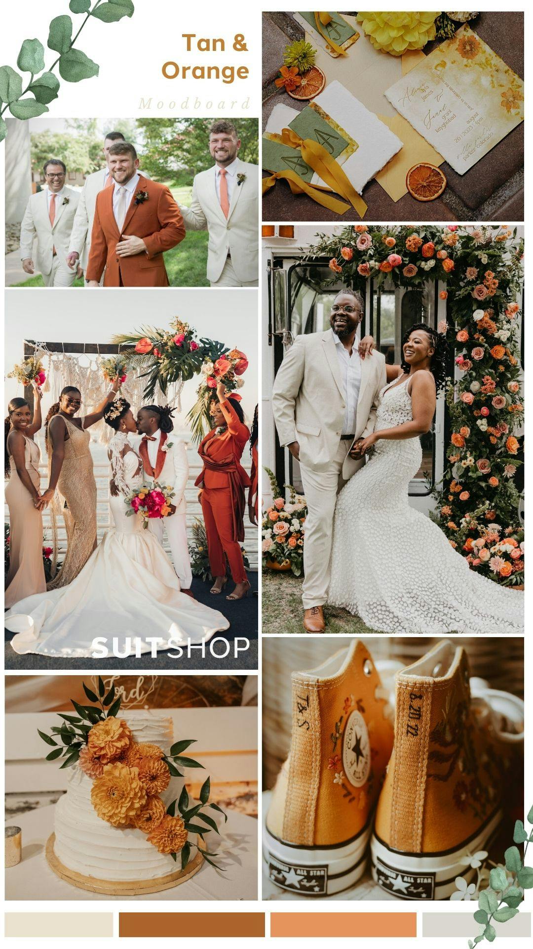 Terra cotta orange and tan rust married wedding color combination with burnt orange suits, apricot florals, and light tan suits and champagne bridesmaid dresses.