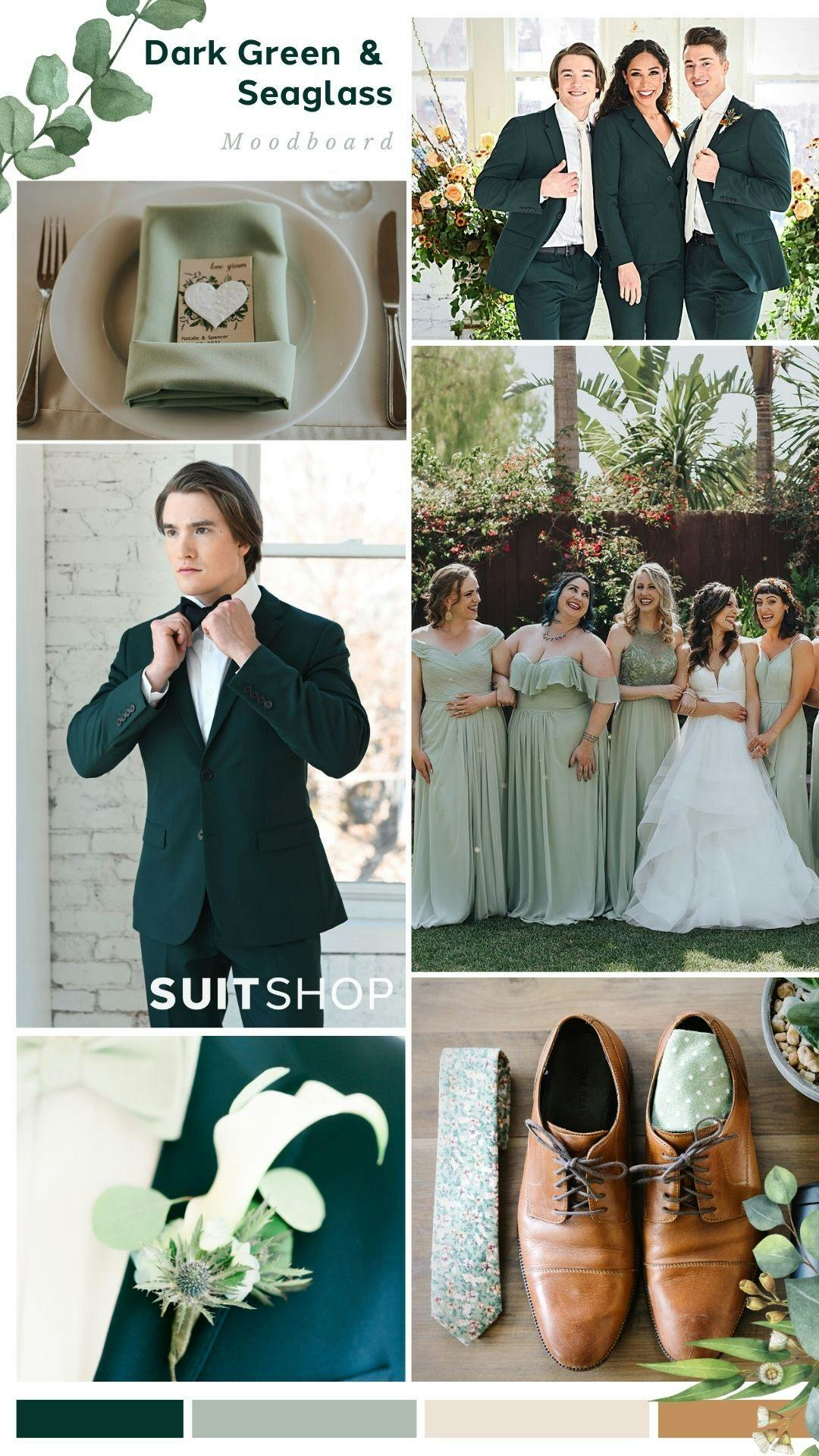 Green wedding theme mood board for summer color palette in forest green wedding suits and seafoam bridesmaids' dresses and seafoam accents.