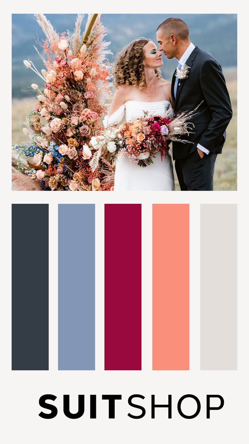 2023 wedding color palette featuring charcoal gray, dusty blue, magenta, light peach, and sandy tan.