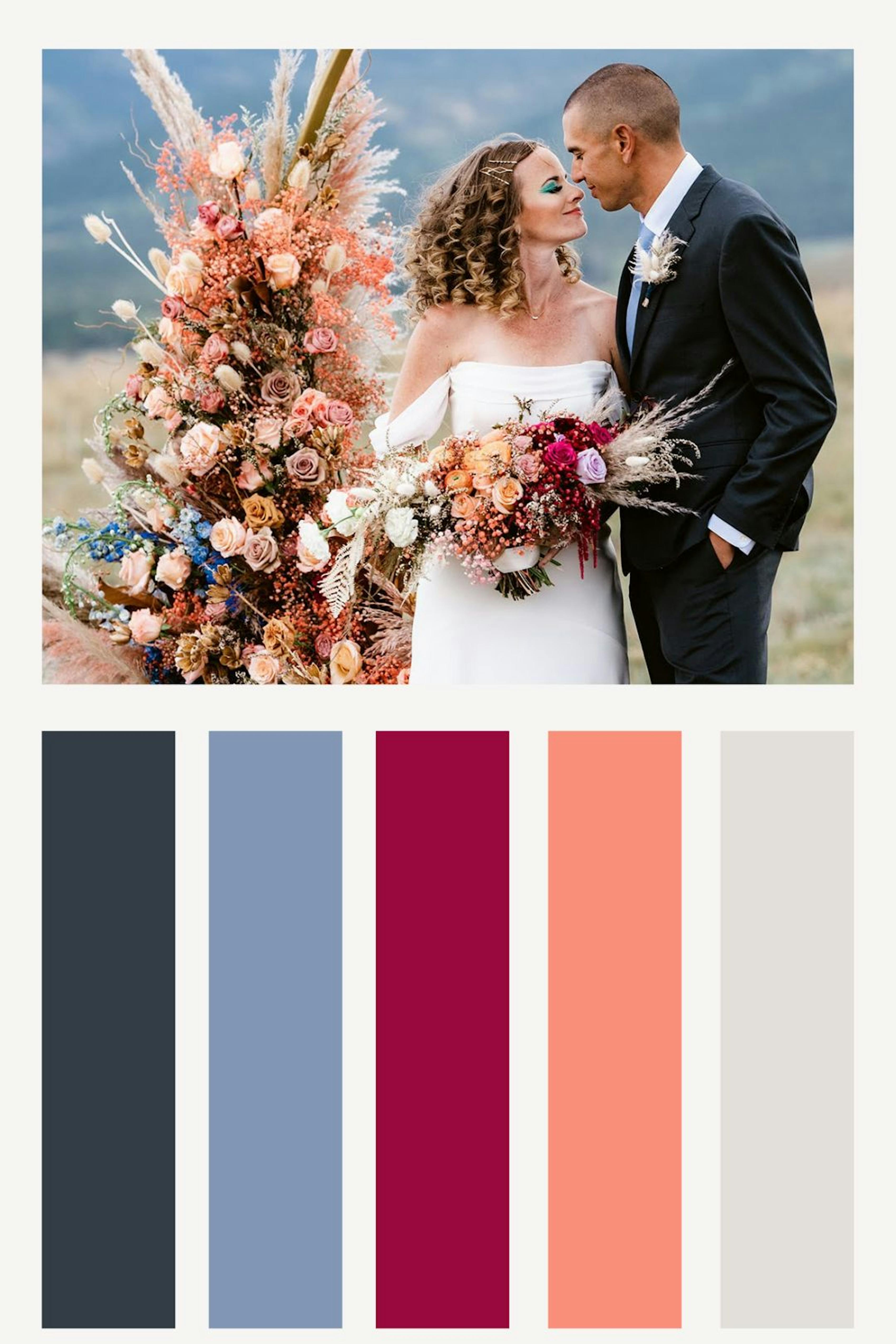 2023 wedding color palette featuring charcoal gray, dusty blue, magenta, light peach, and sandy tan.