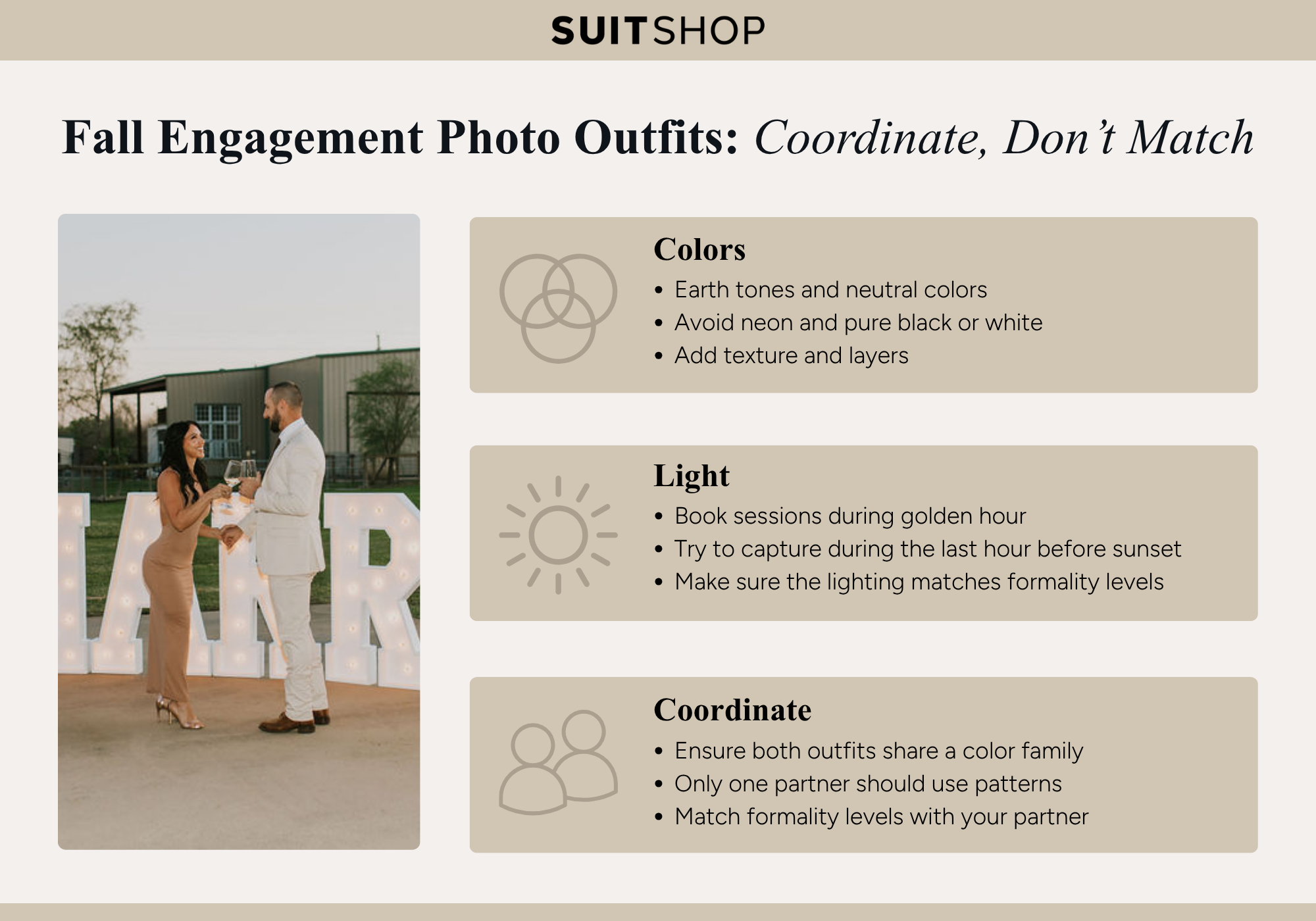 Fall engagement photo outfit infographic with tips for coordinating colors, choosing golden-hour lighting, and matching formality levels.