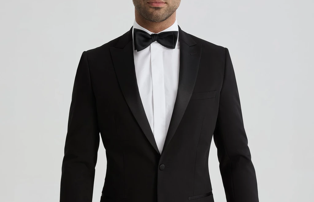 Black peak lapel tuxedo with black bow tie and white dress shirt for a formal wedding or event.