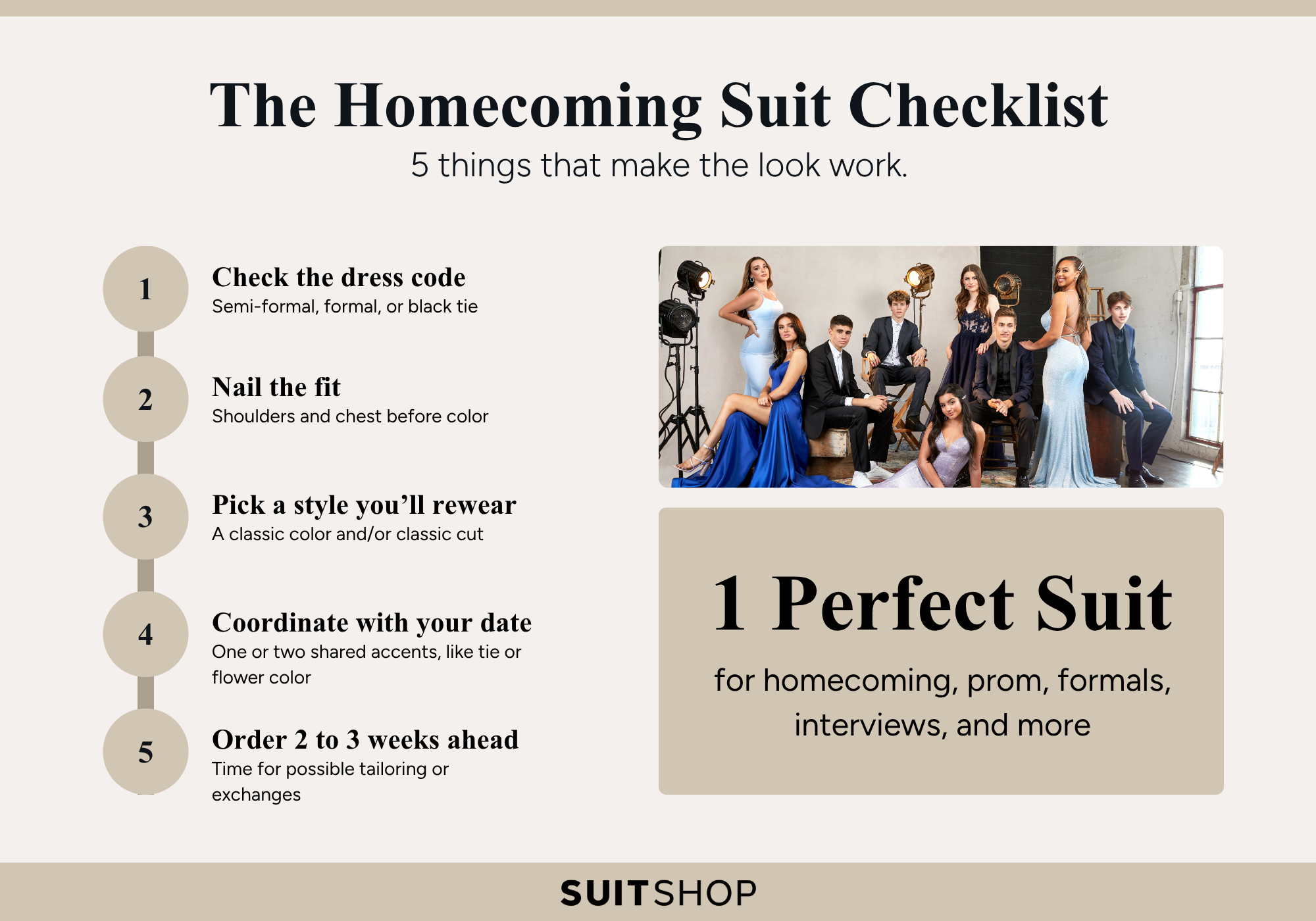 Homecoming suit checklist infographic with tips for choosing the perfect suit