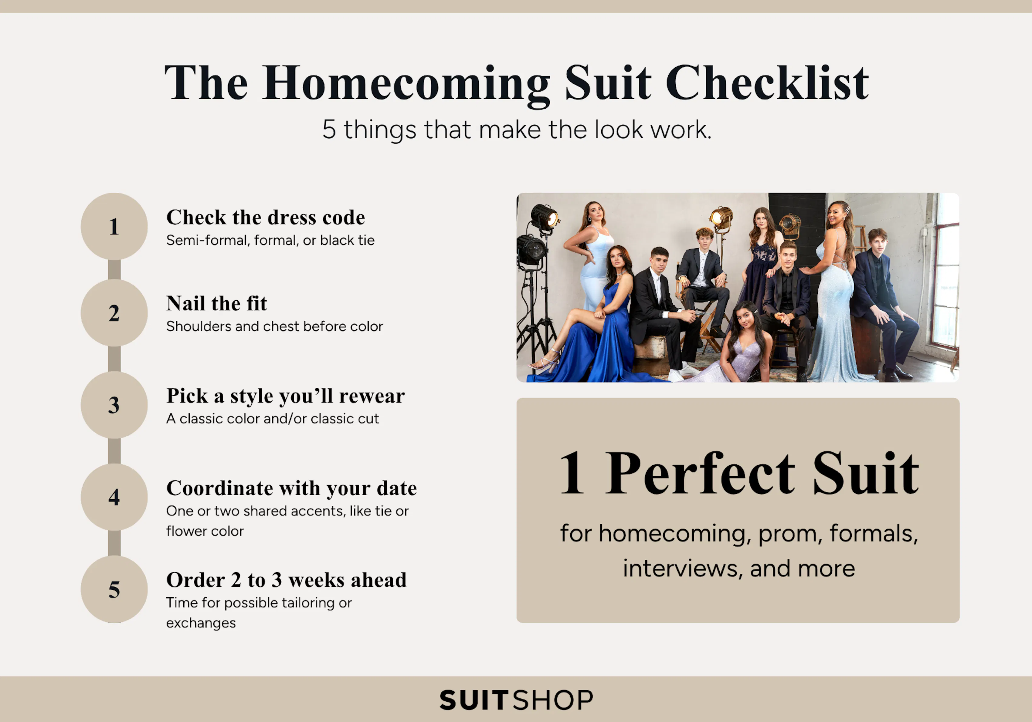 Homecoming suit checklist infographic with tips for choosing the perfect suit