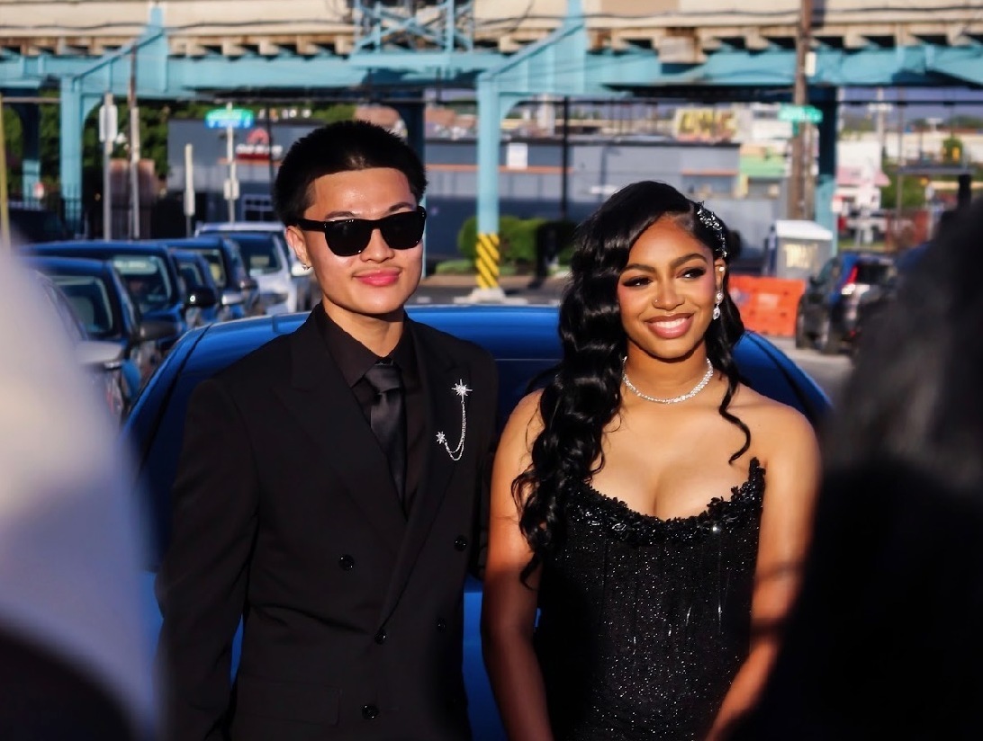 High school students dressed in elegant formal attire for a homecoming dance