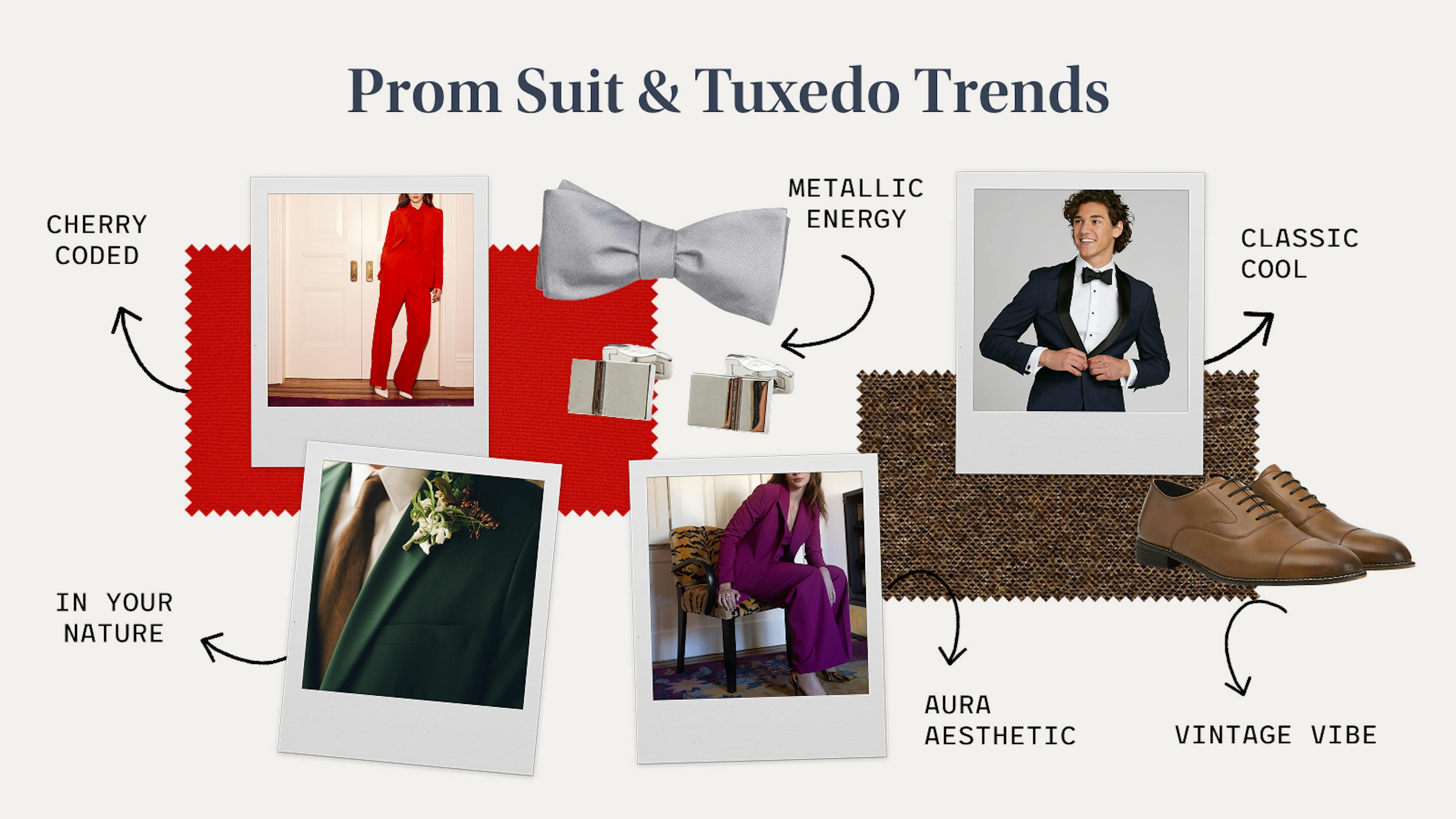 Suit and tuxedo trends for guys prom 2025 outfits mood board with cherry coded, earth tones, metallics, and vintage style.