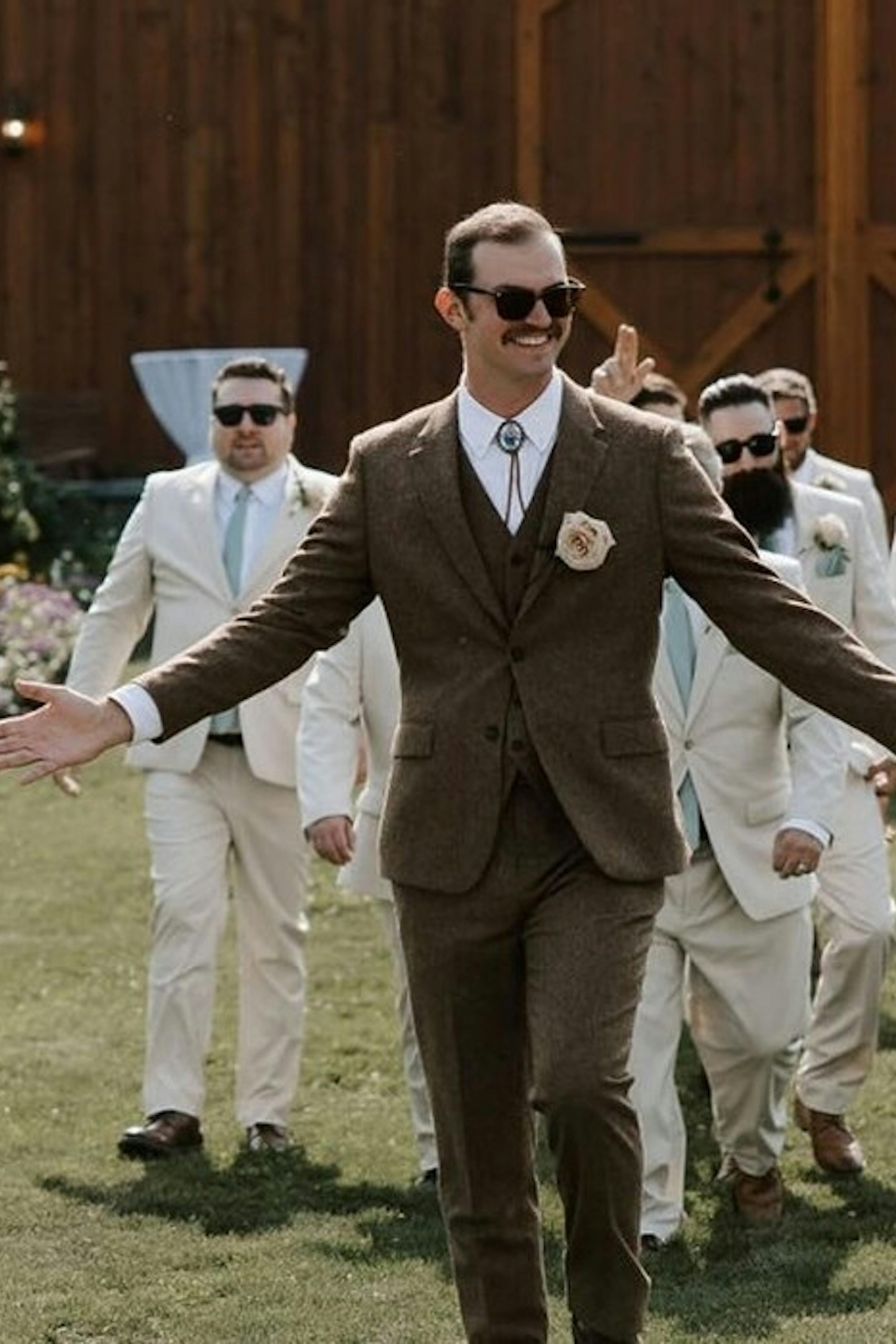 Men's brown and tan wedding suits with tweed suit for groom and light tan groomsman suits