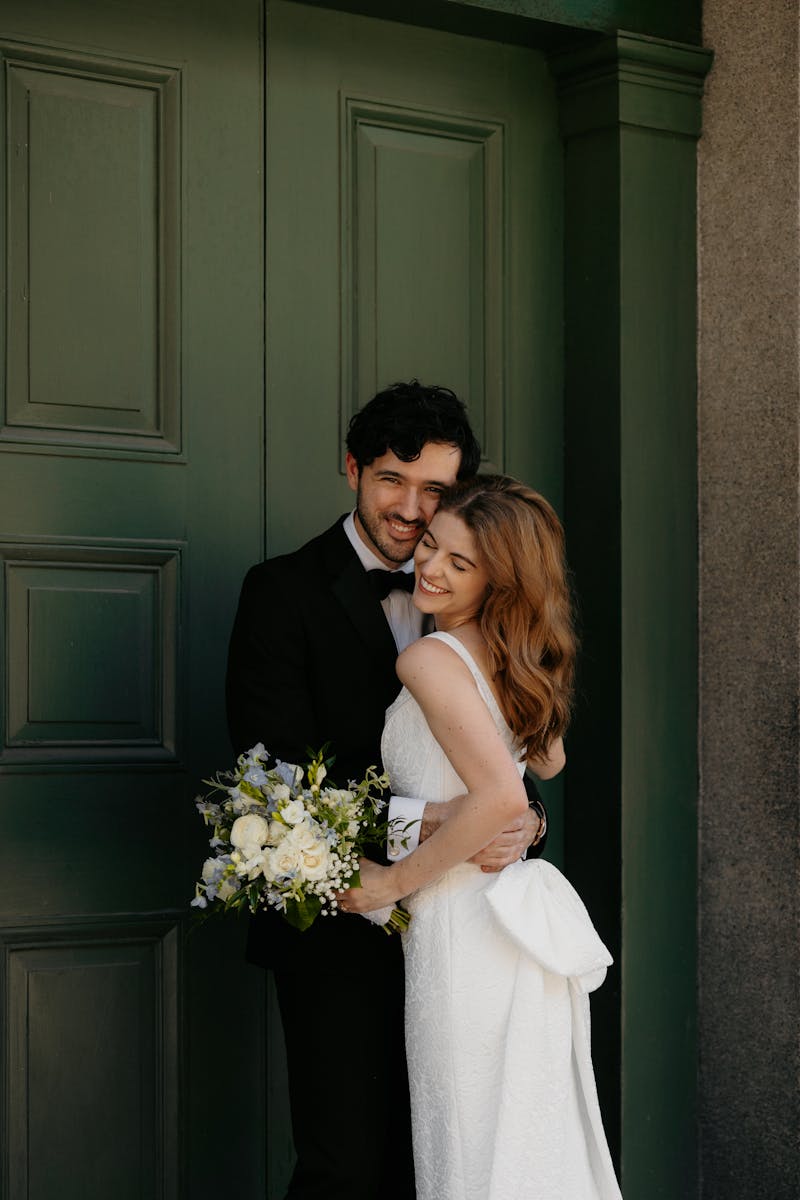 bride and groom in black tie attire