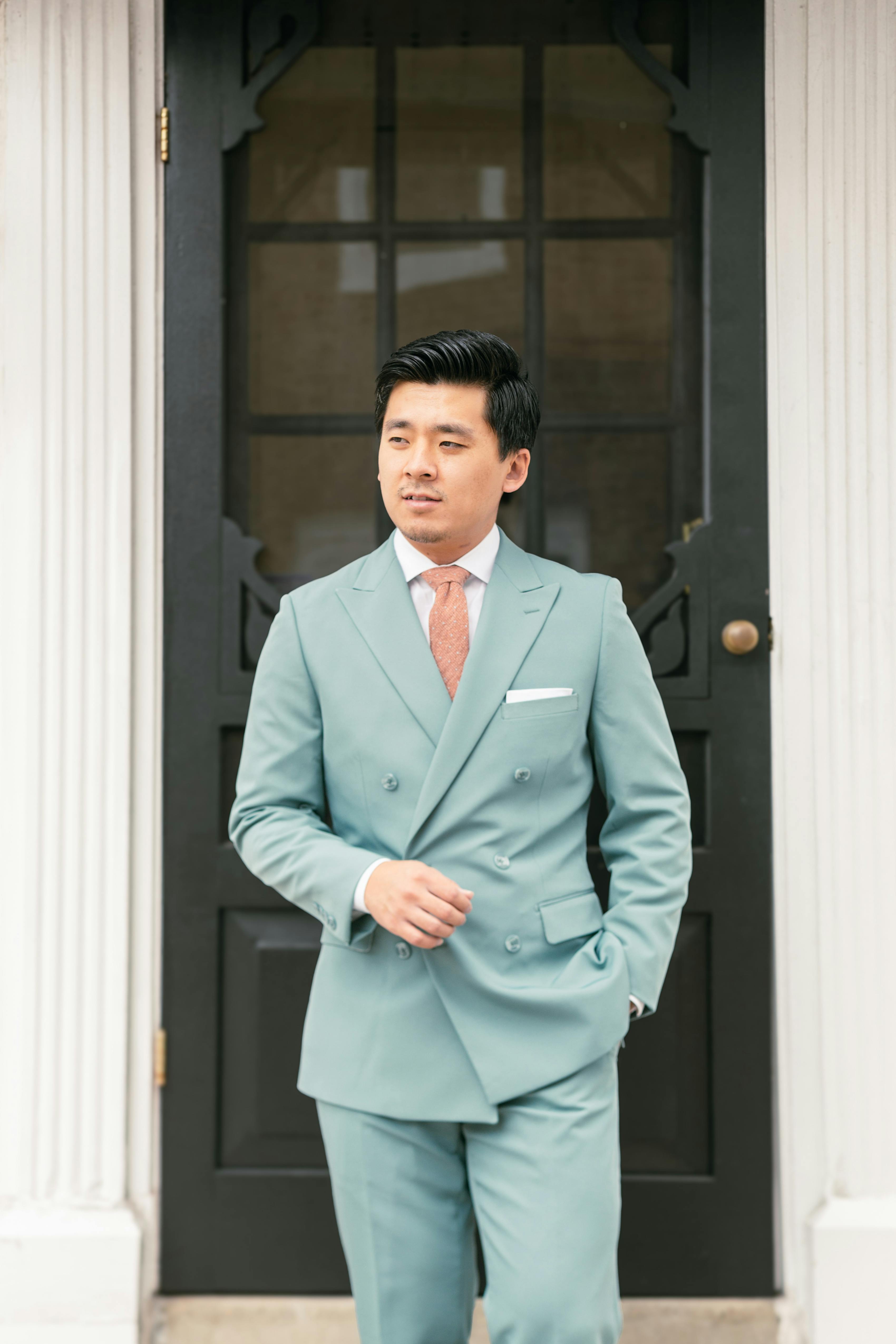 Light blue green sea glass suit outfit for men's wedding guest attire