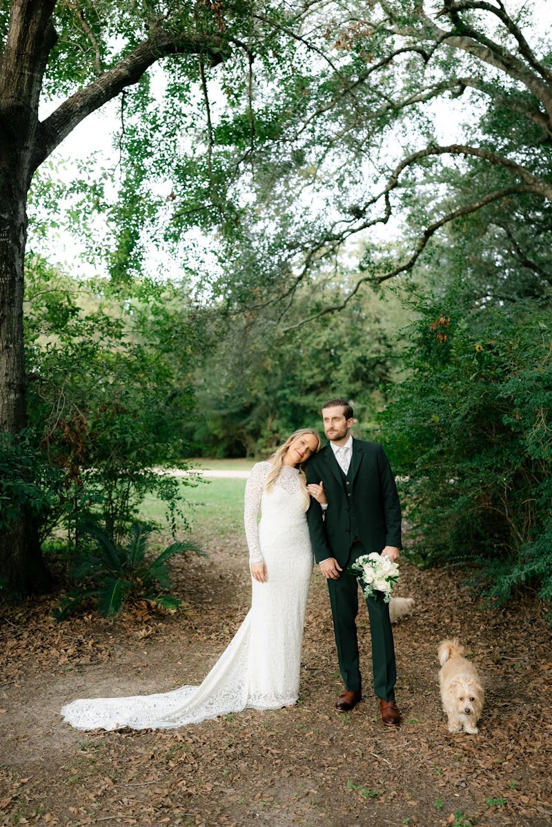 bride and groom forest wedding photos