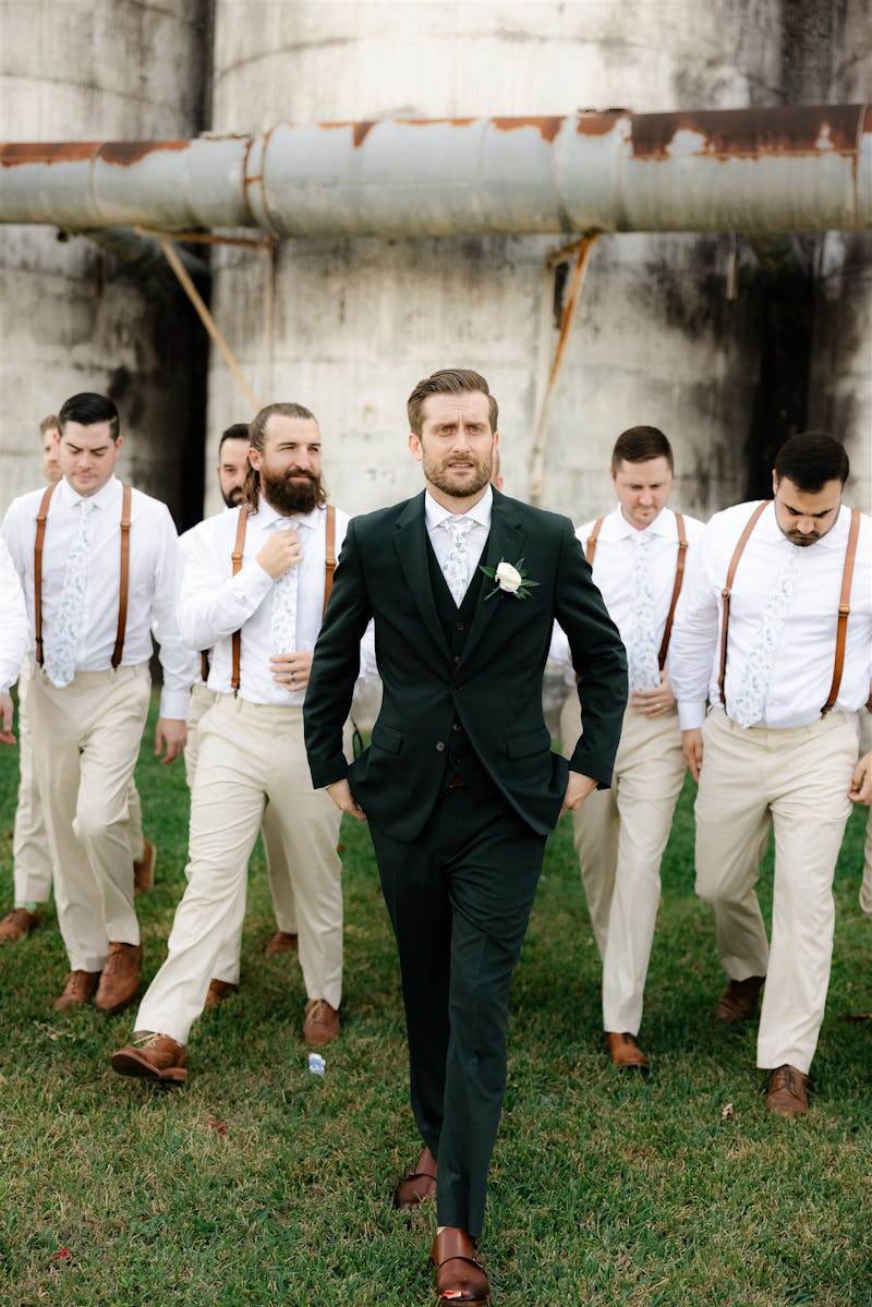 khaki pants and suspenders groomsmen look