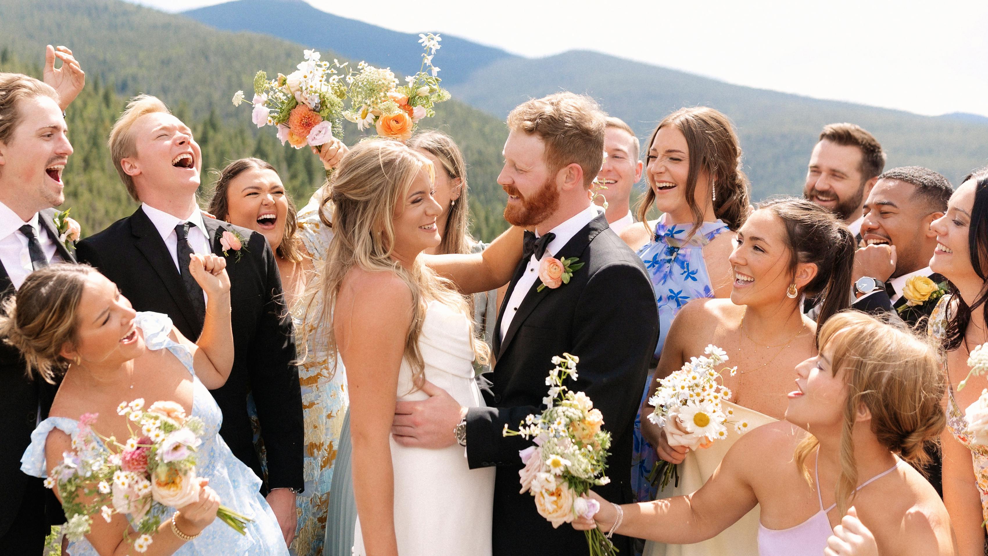 Trendy pastel mix and match bridal party for spring black tie wedding