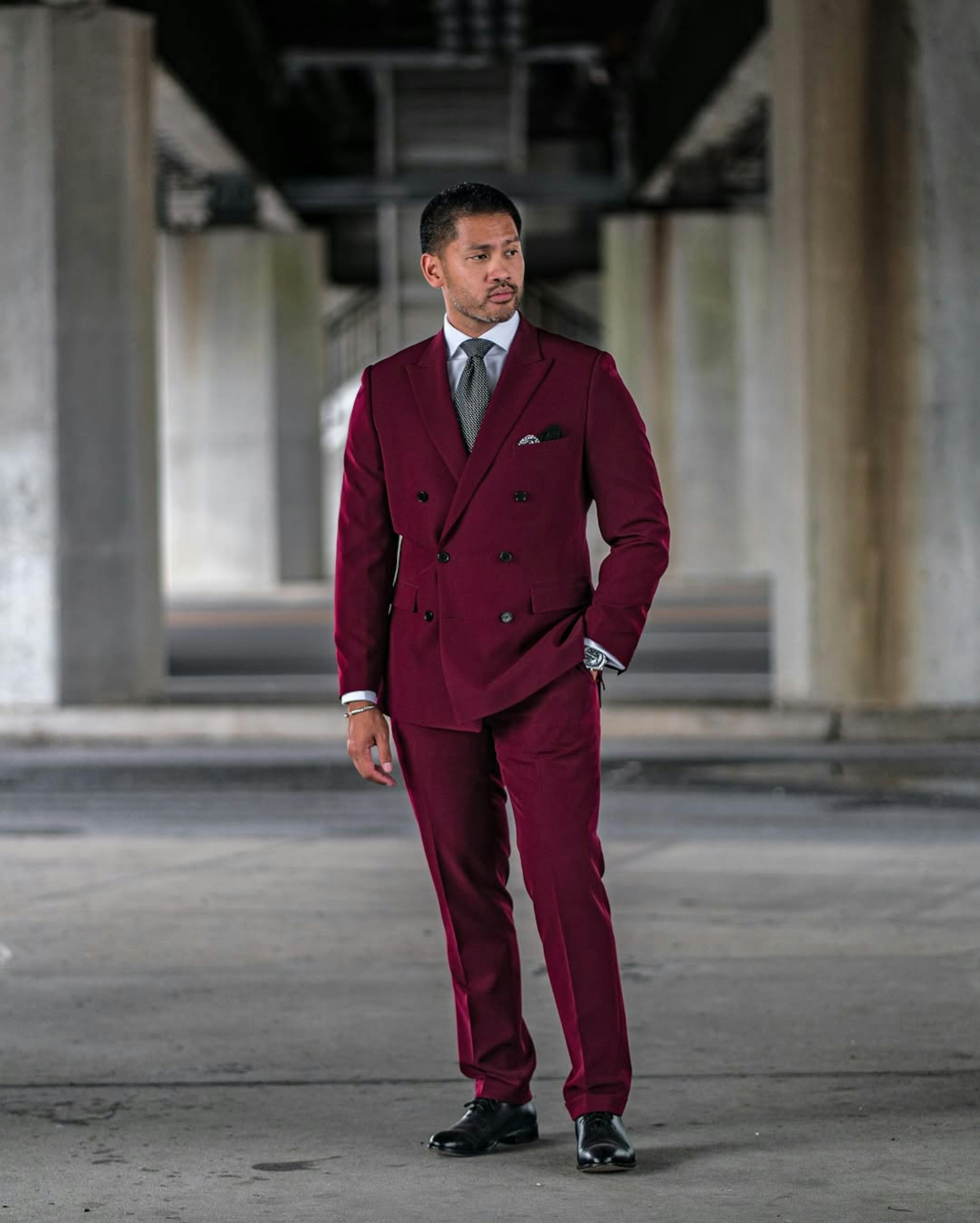 Bold men's suit color in bright merlot
