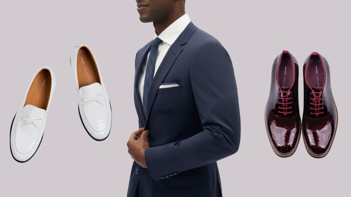 Cool shoe color pairings for men's navy suit with white loafers and burgundy oxford shoes