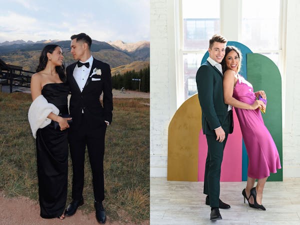 Couple in black gown with fur shawl and black tuxedo at formal wedding and couple wearing green suit and pink slip dress for semi-formal event