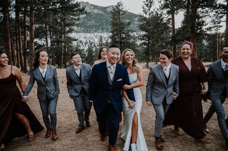 bridal party in light gray and burgundy 