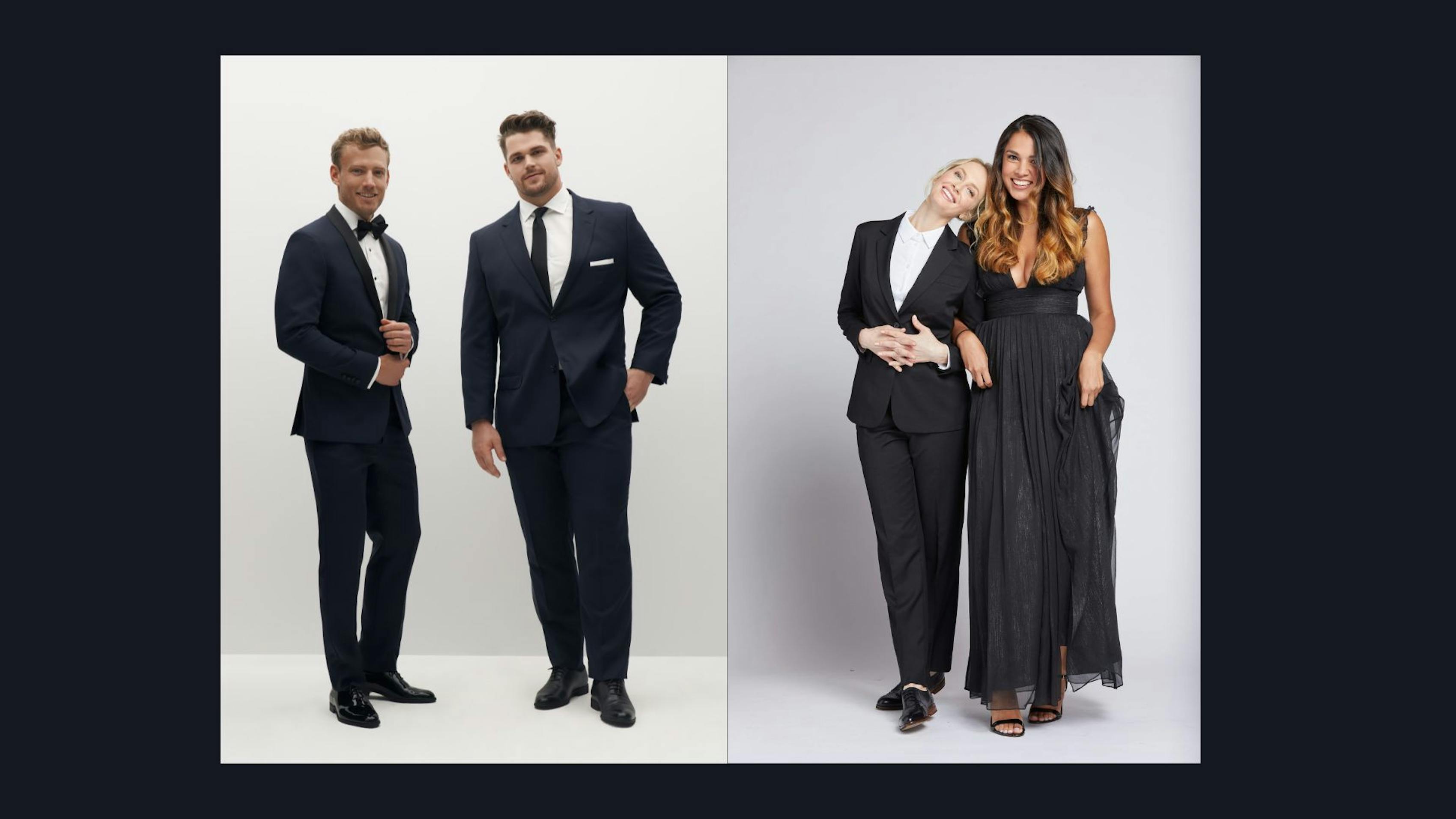 Man wearing a navy tuxedo next to man in a navy suit and woman in a black suit next to woman in a black gown.