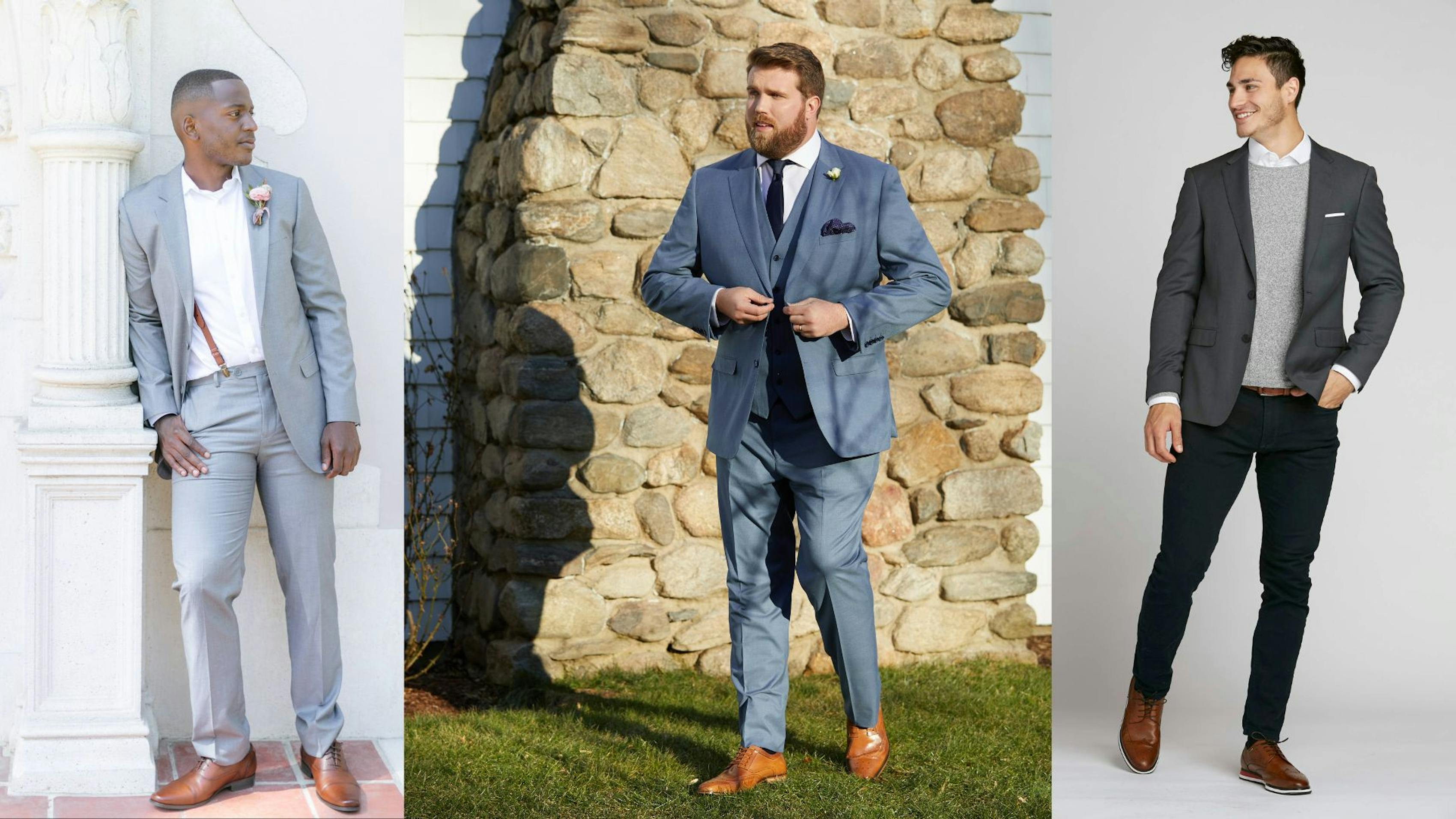 Light grey and textured grey suit for me styled with tan, cognac, and dark brown shoes for weddings and professional attire