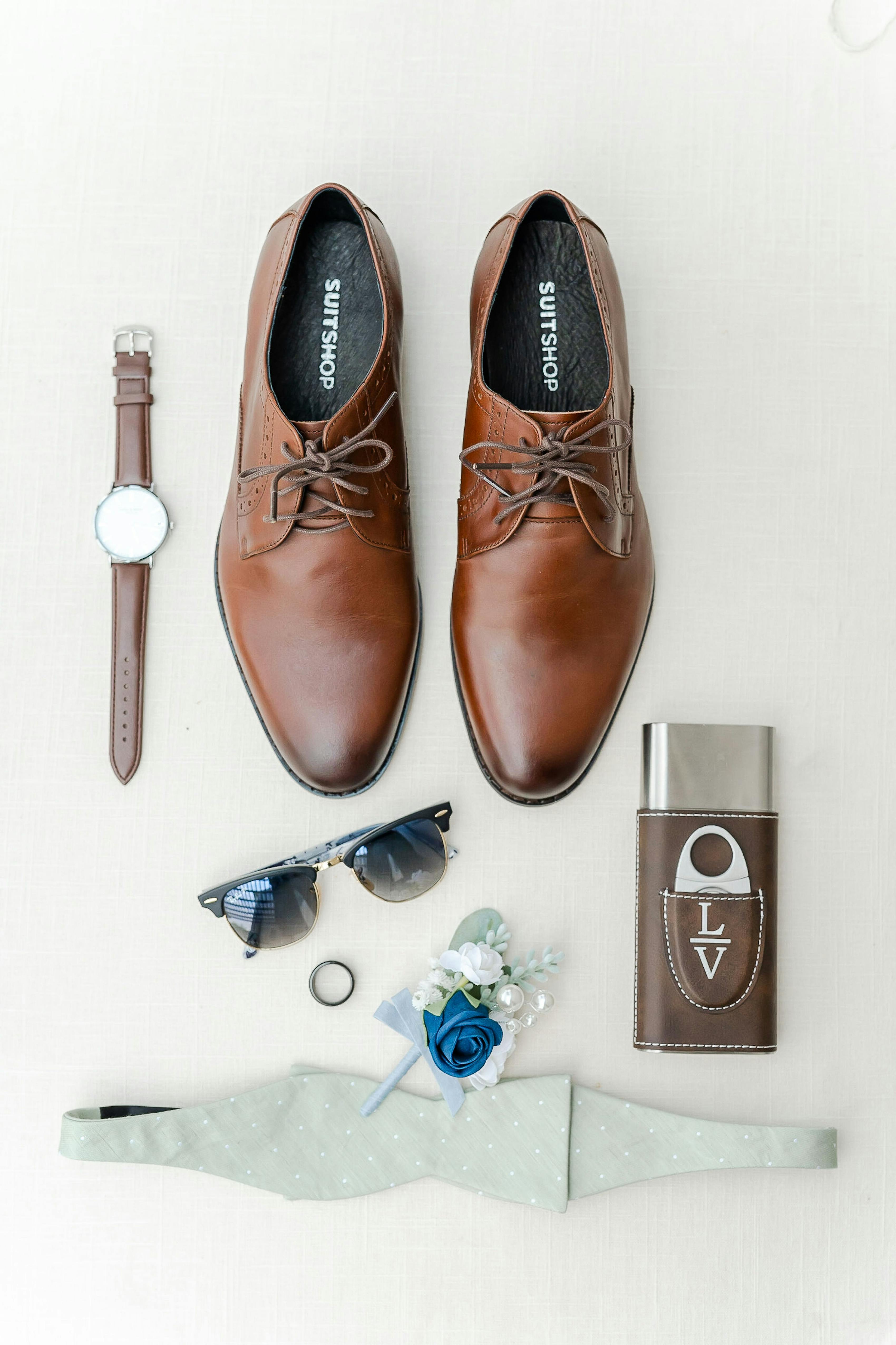 Monogrammed watch with dress shoes, and suit accessories for groomsman gift