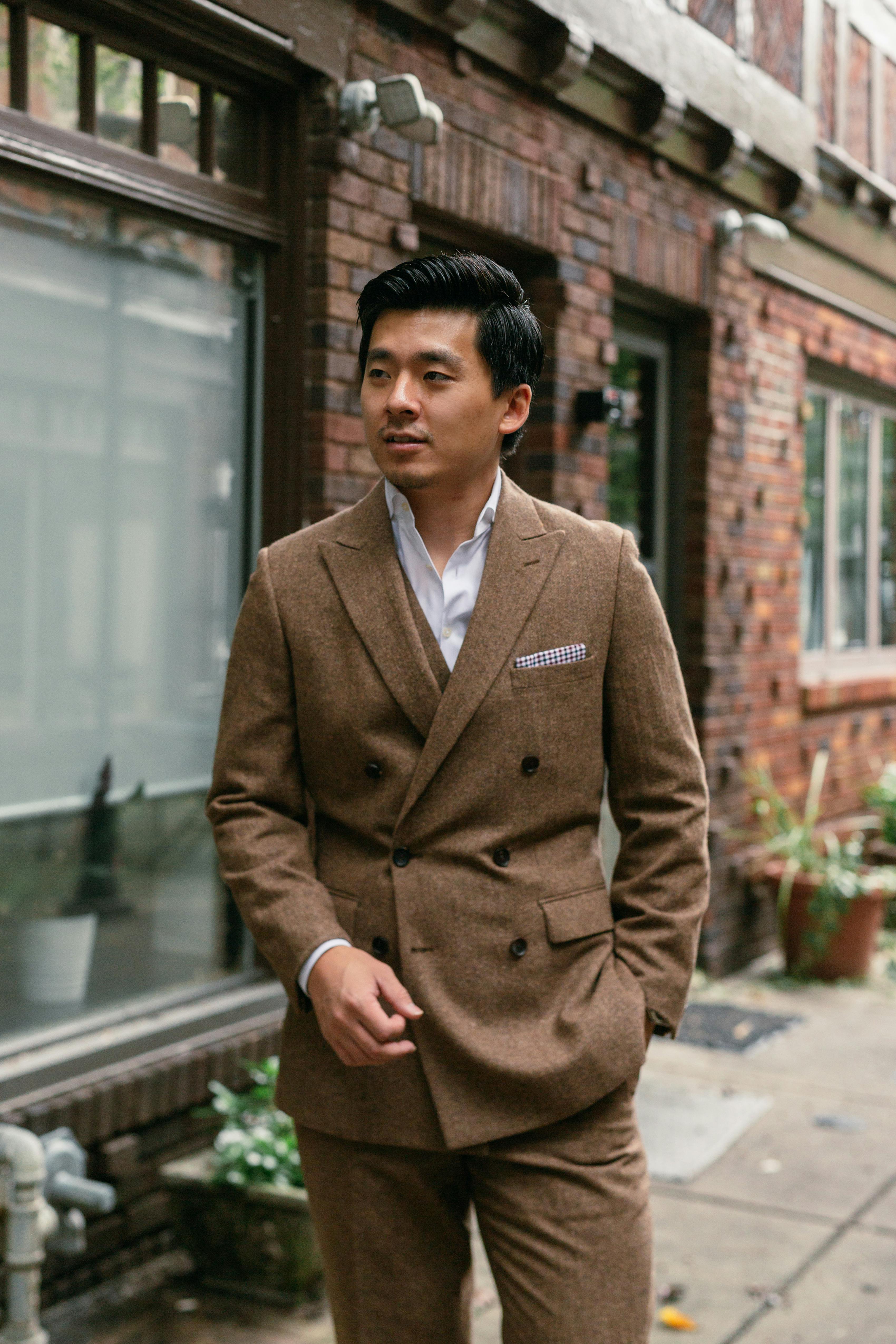 Man wearing a Brown Double Breasted Tweed Jacket for Men as an elevated date night look