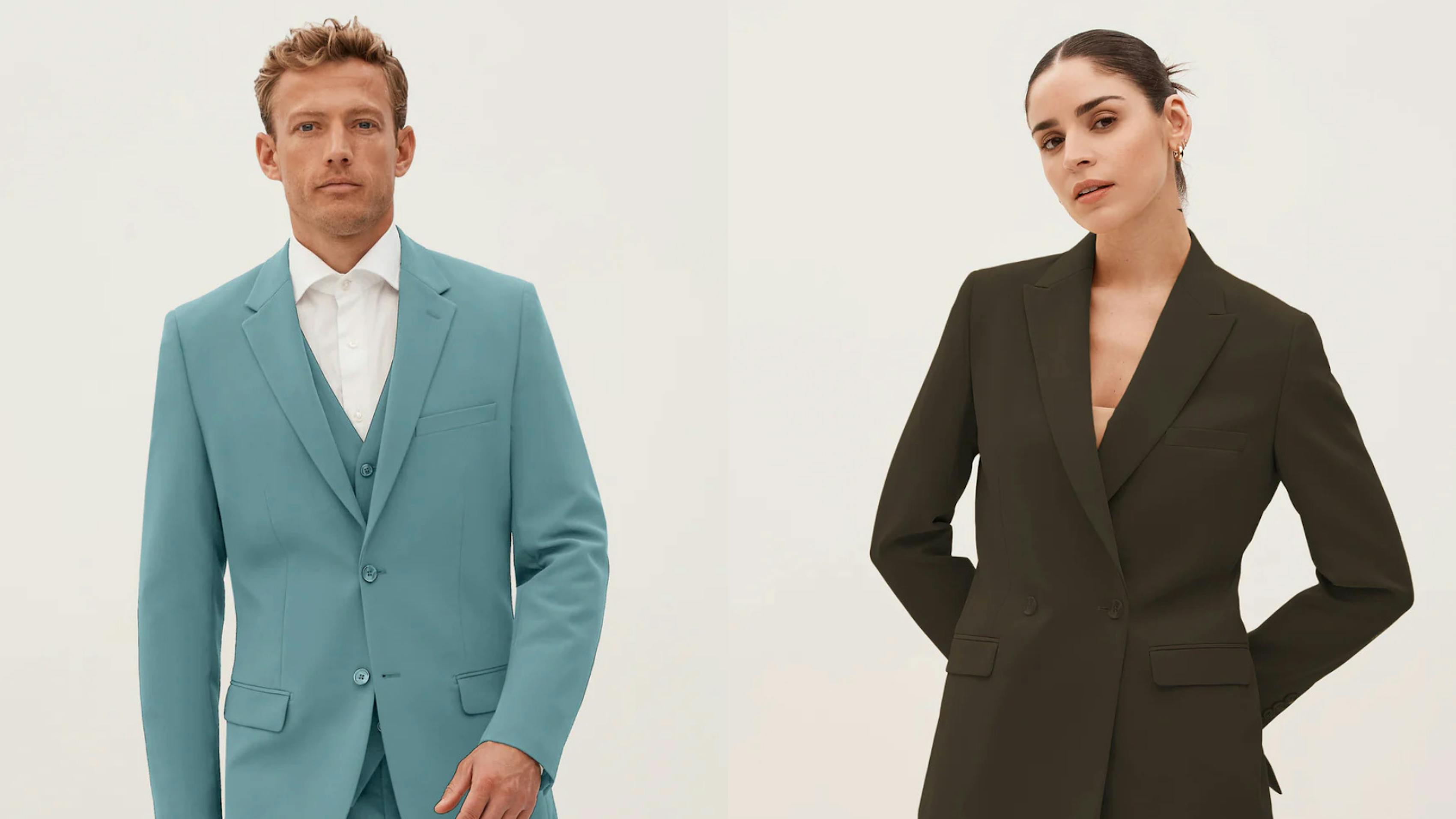 Men's light blue green single breasted suit jacket and women's olive green double breasted blazer