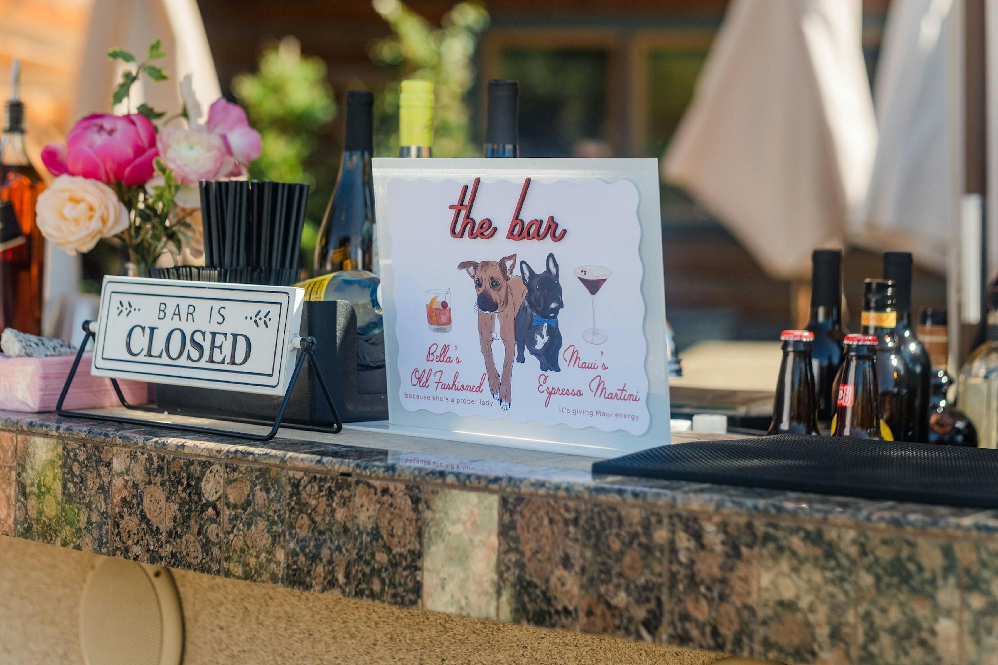 Custom wedding signature drink sign with photos of pets.
