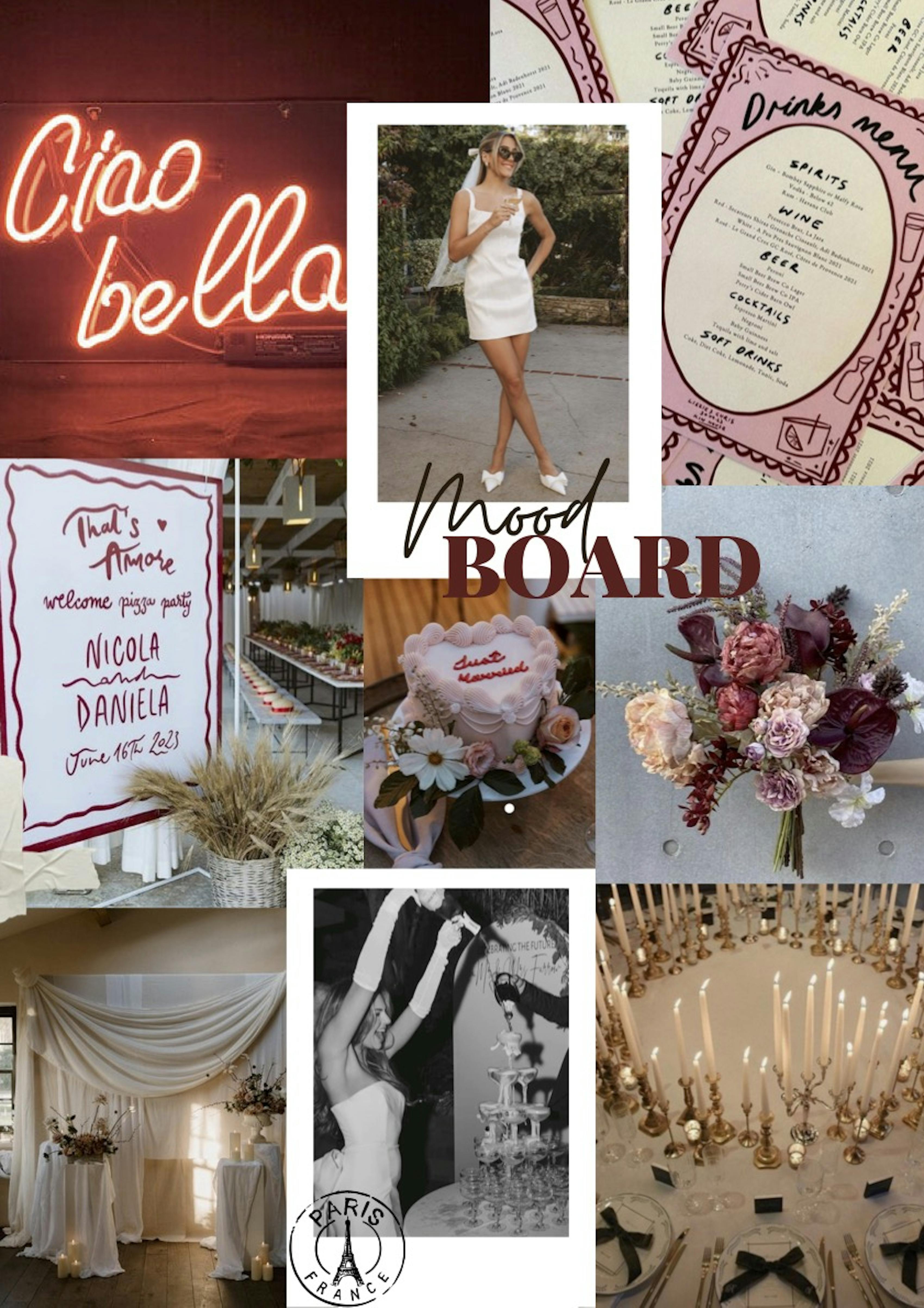 Red pink and white mood board for a European Paris-themed wedding elopement.