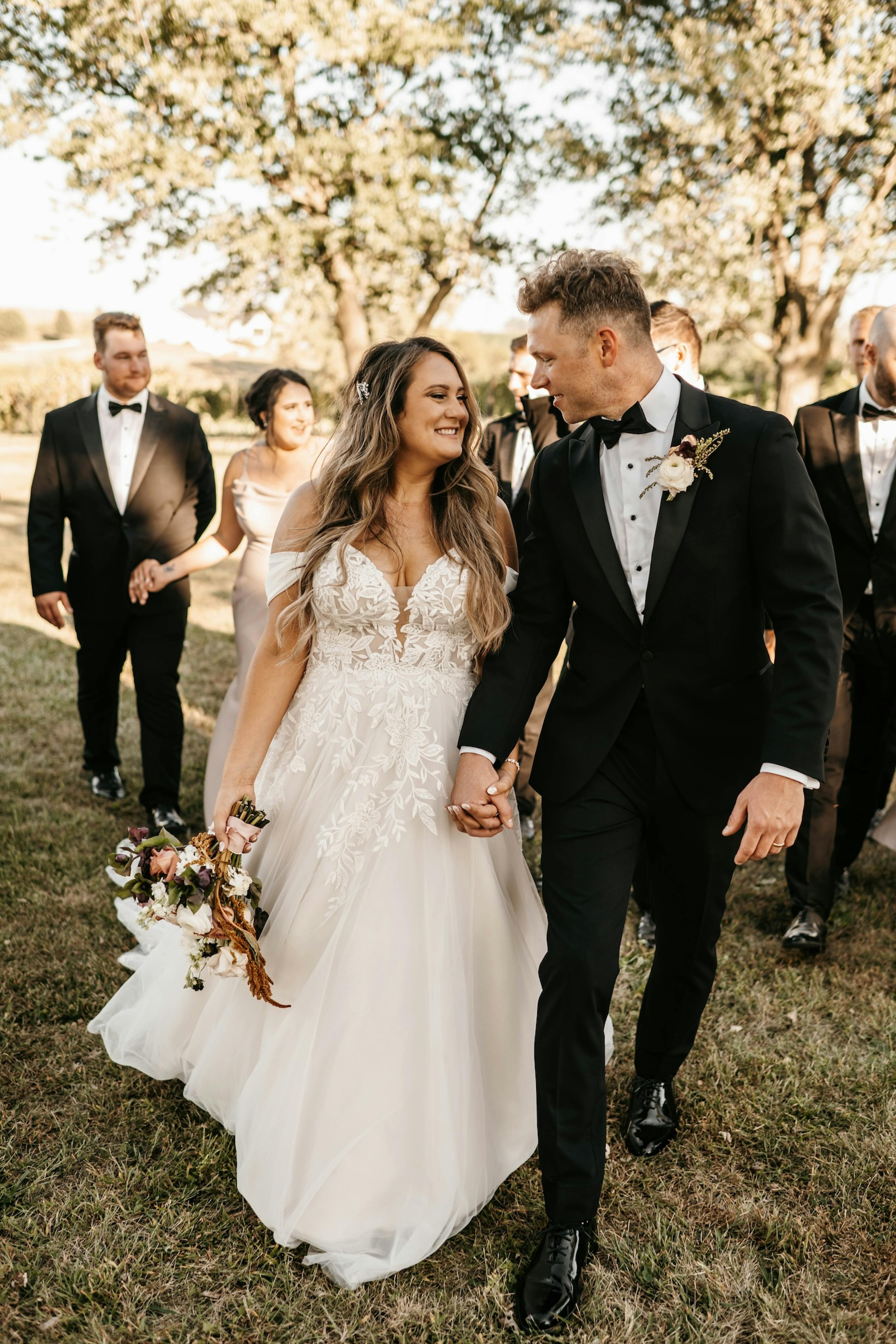 black and white neutral wedding party attire for a fall wedding