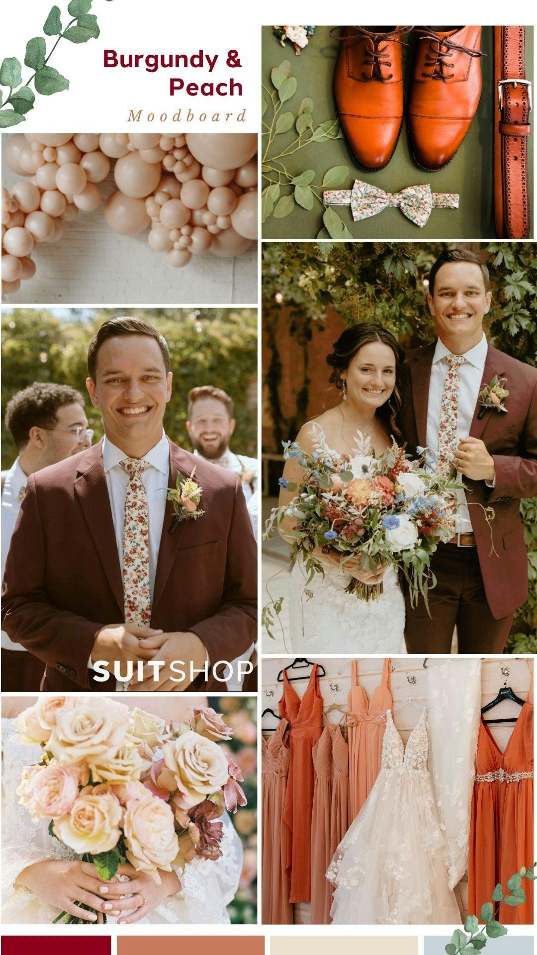 Maroon wedding suits on spring color palette for burgundy and peach mood board.