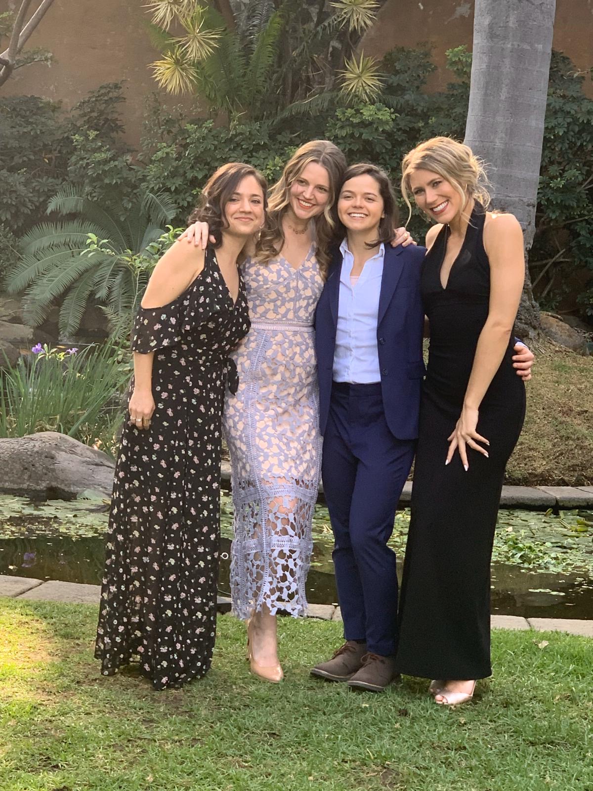 Summer wedding outfits with cocktail dresses and women's blue suit