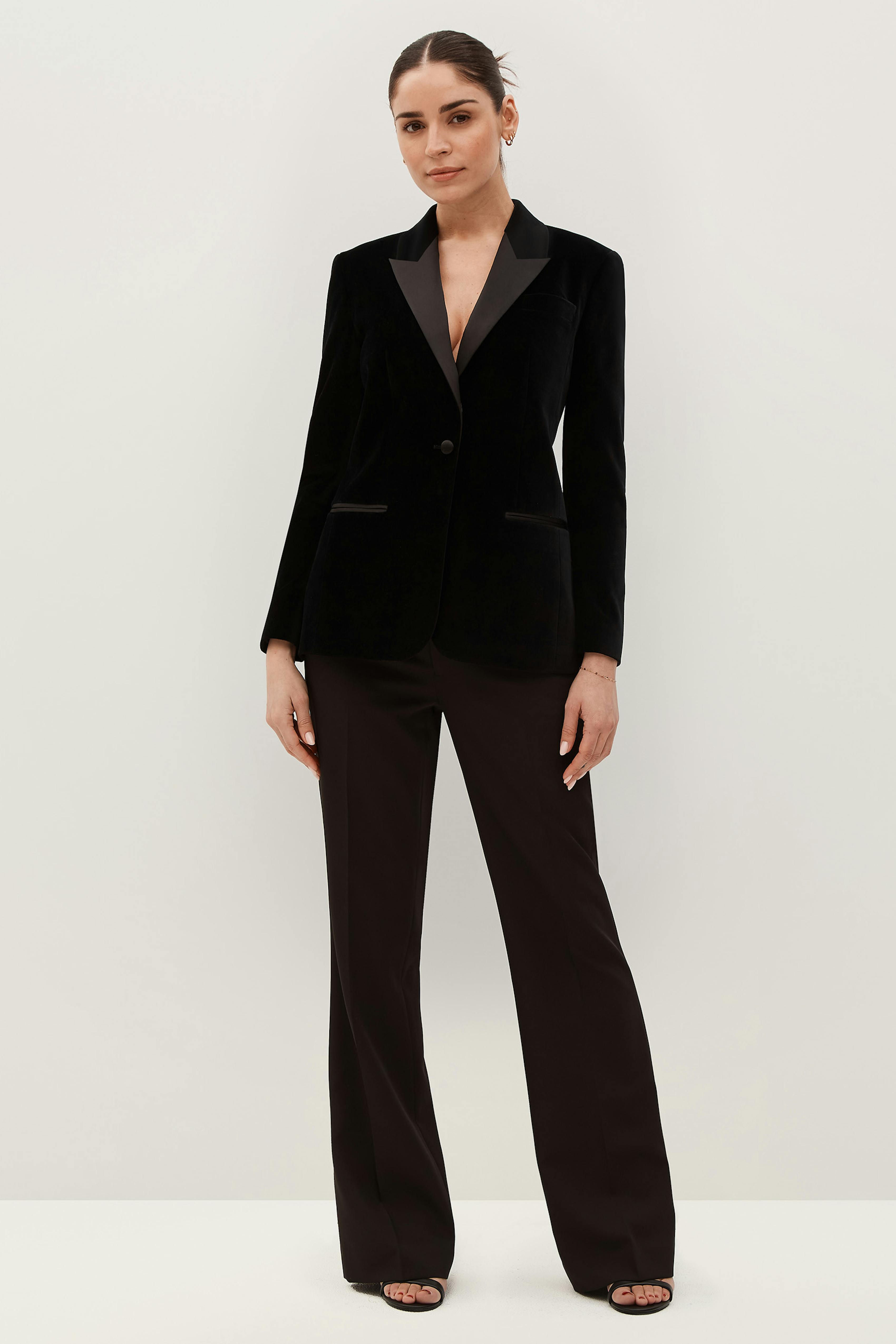 Women's velvet tuxedo with flare tux pants and simple black heels