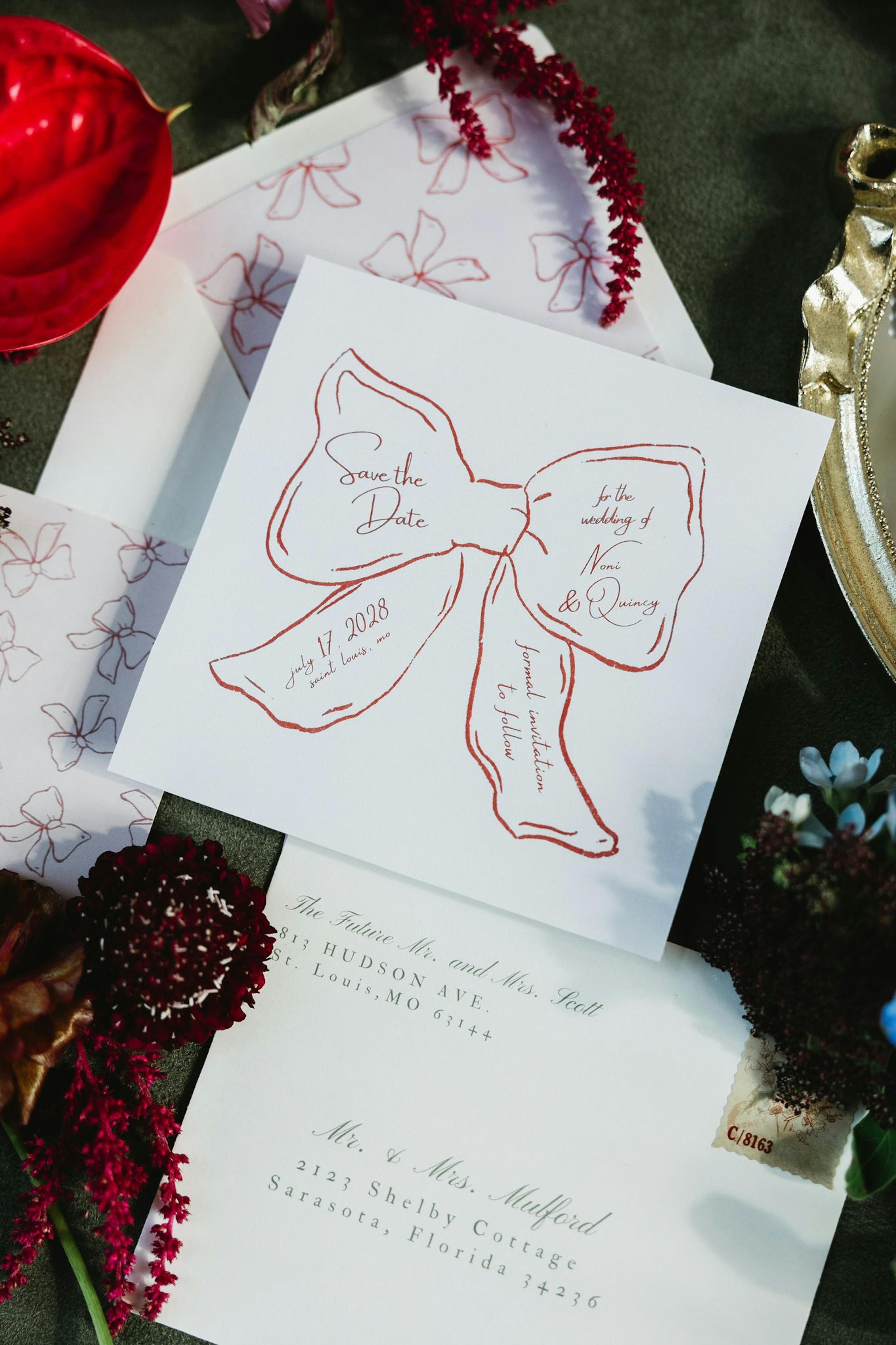 festive bow wedding stationary