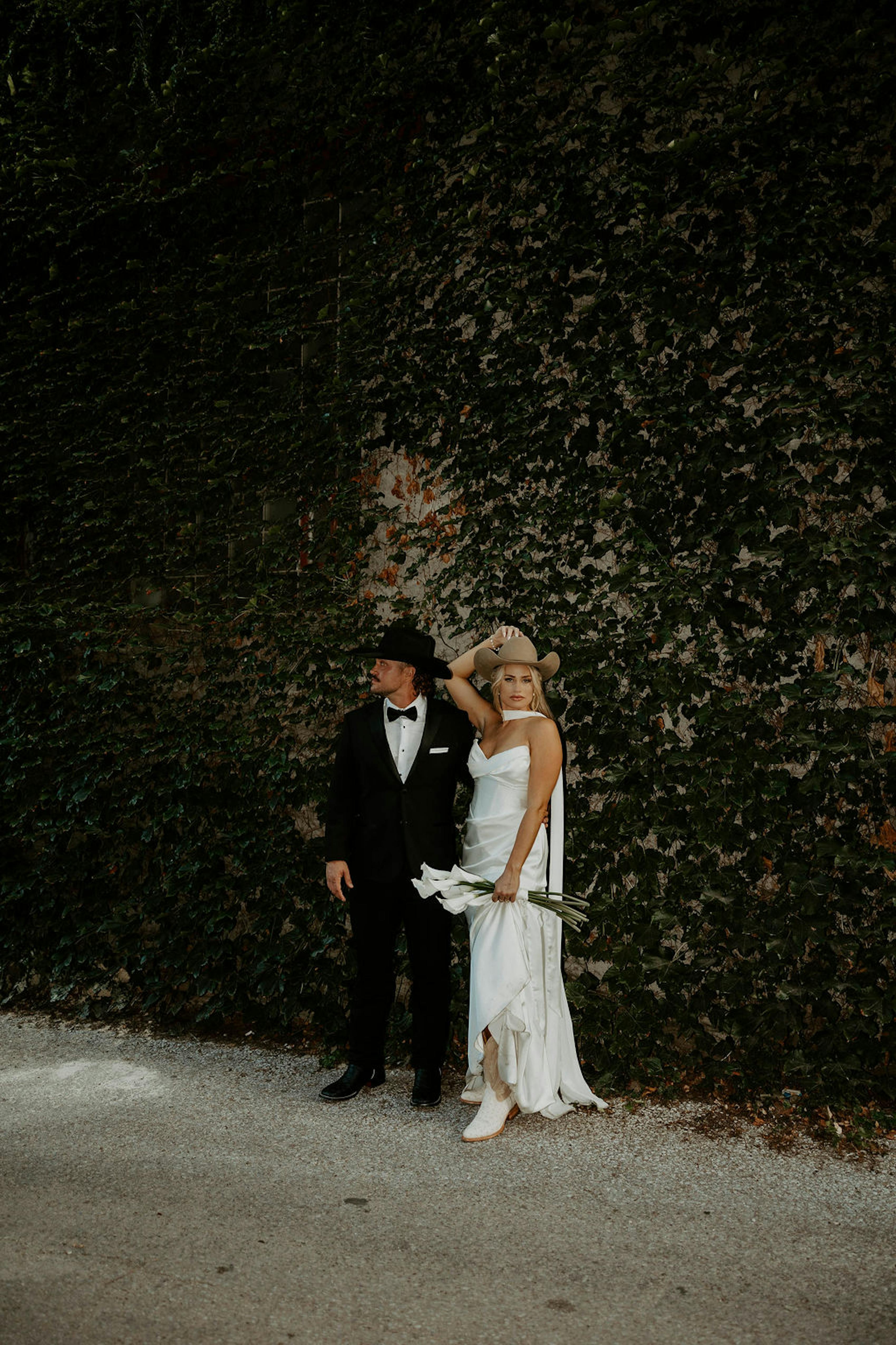 western black tie wedding attire for bride and groom