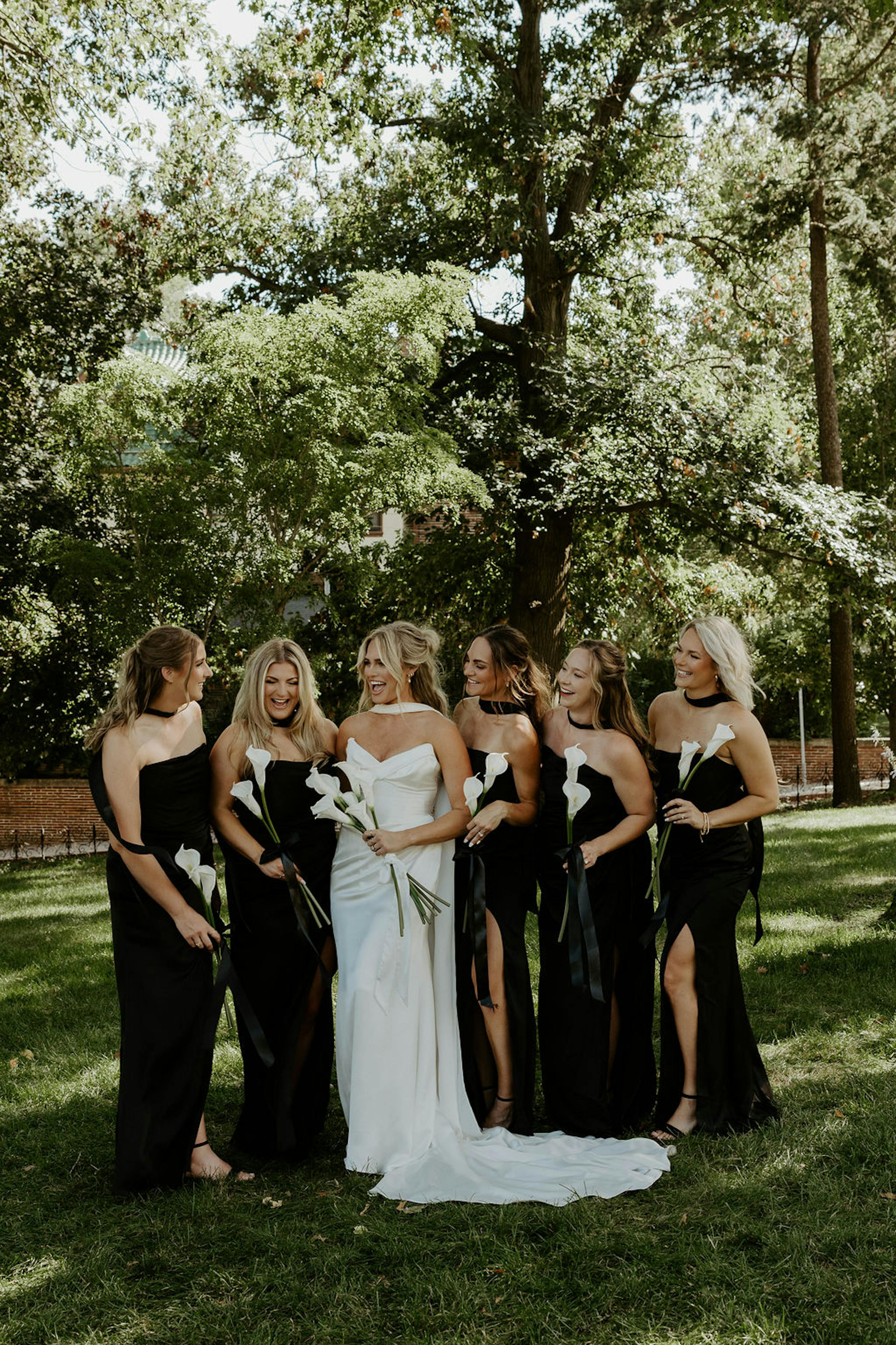 trendy elegant black bridesmaids dresses with neck scarf