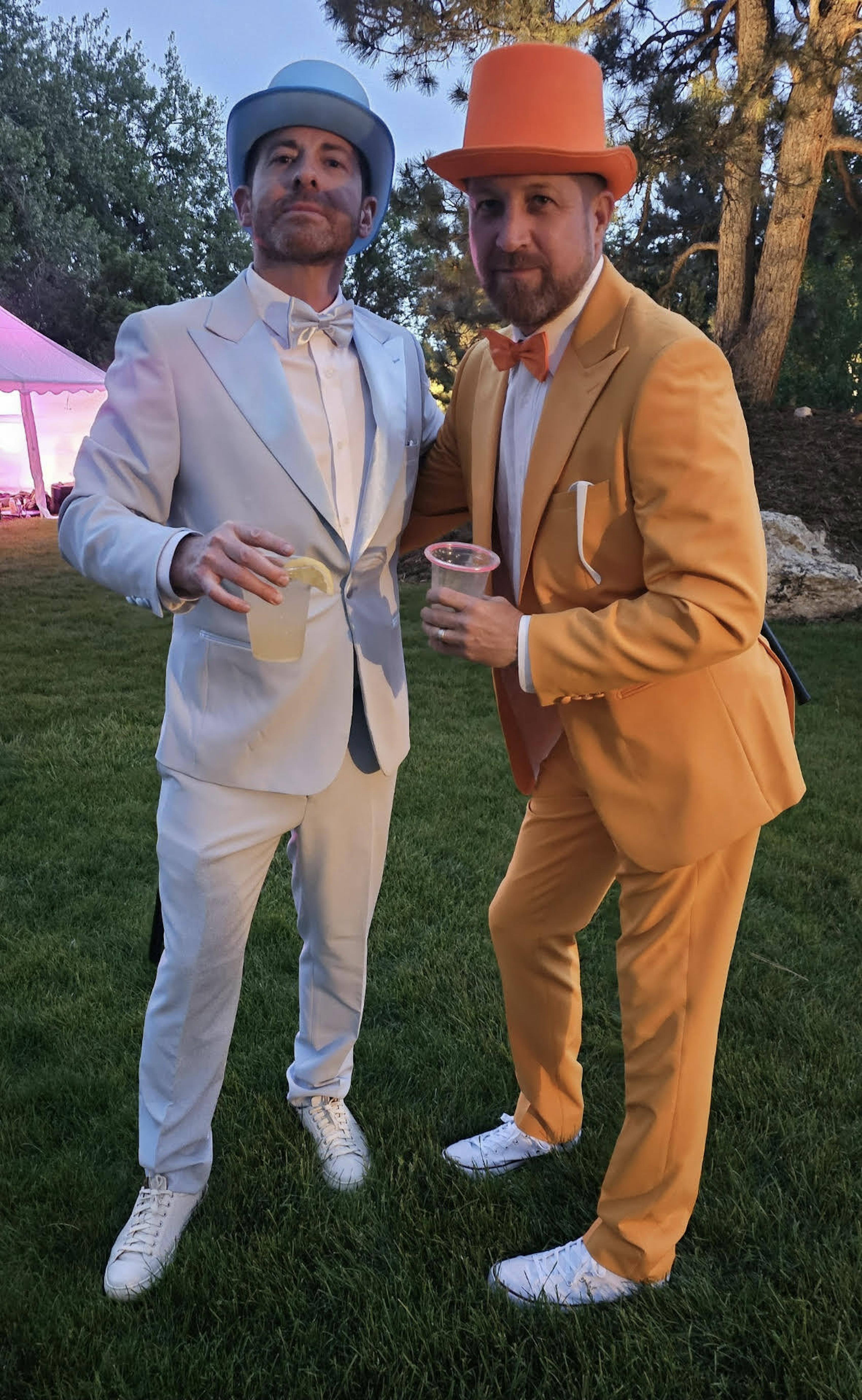 Dumb and Dumber Halloween costume with men's pale blue suit and orange suit