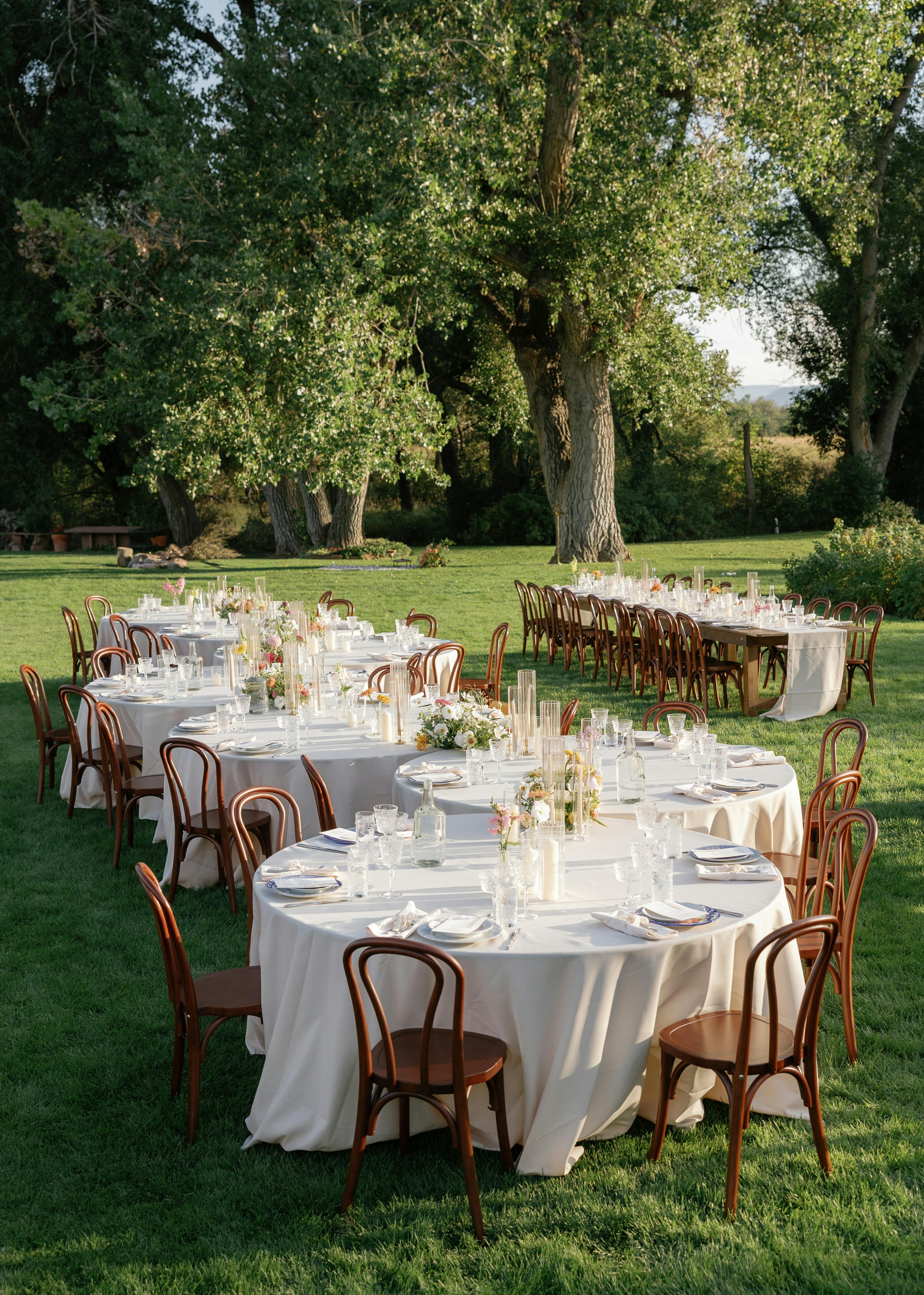 Garden party wedding tablescape and venue setup