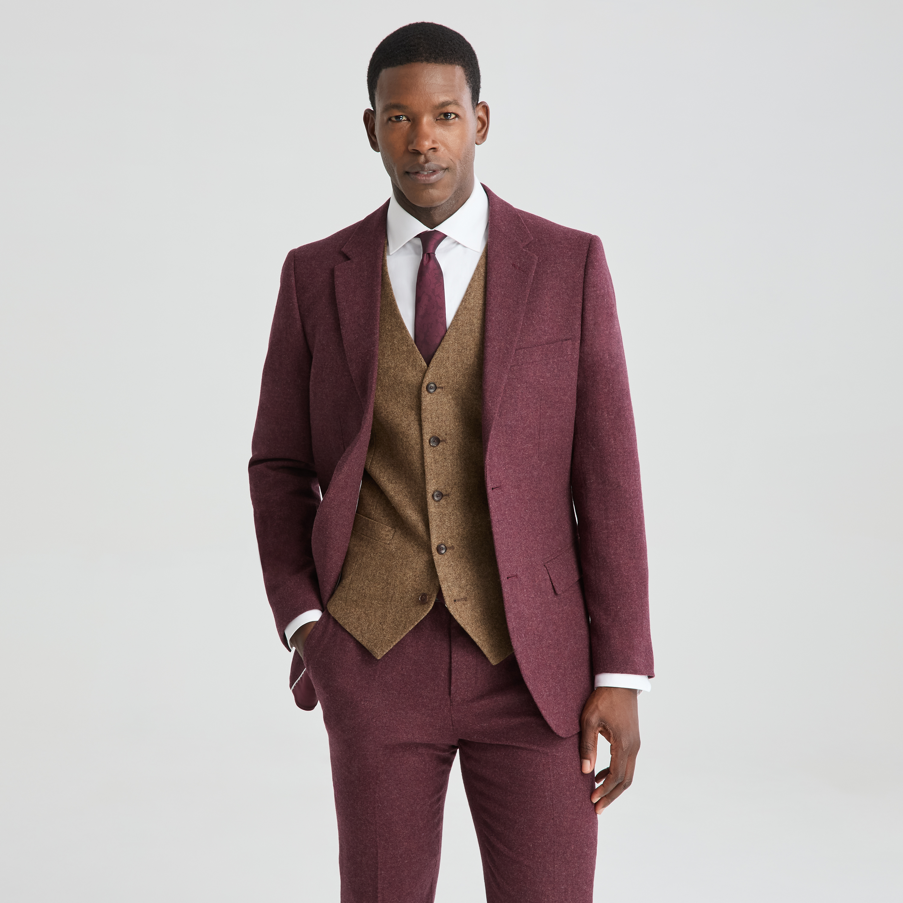 Burgundy tweed men's suit with brown tweed vest