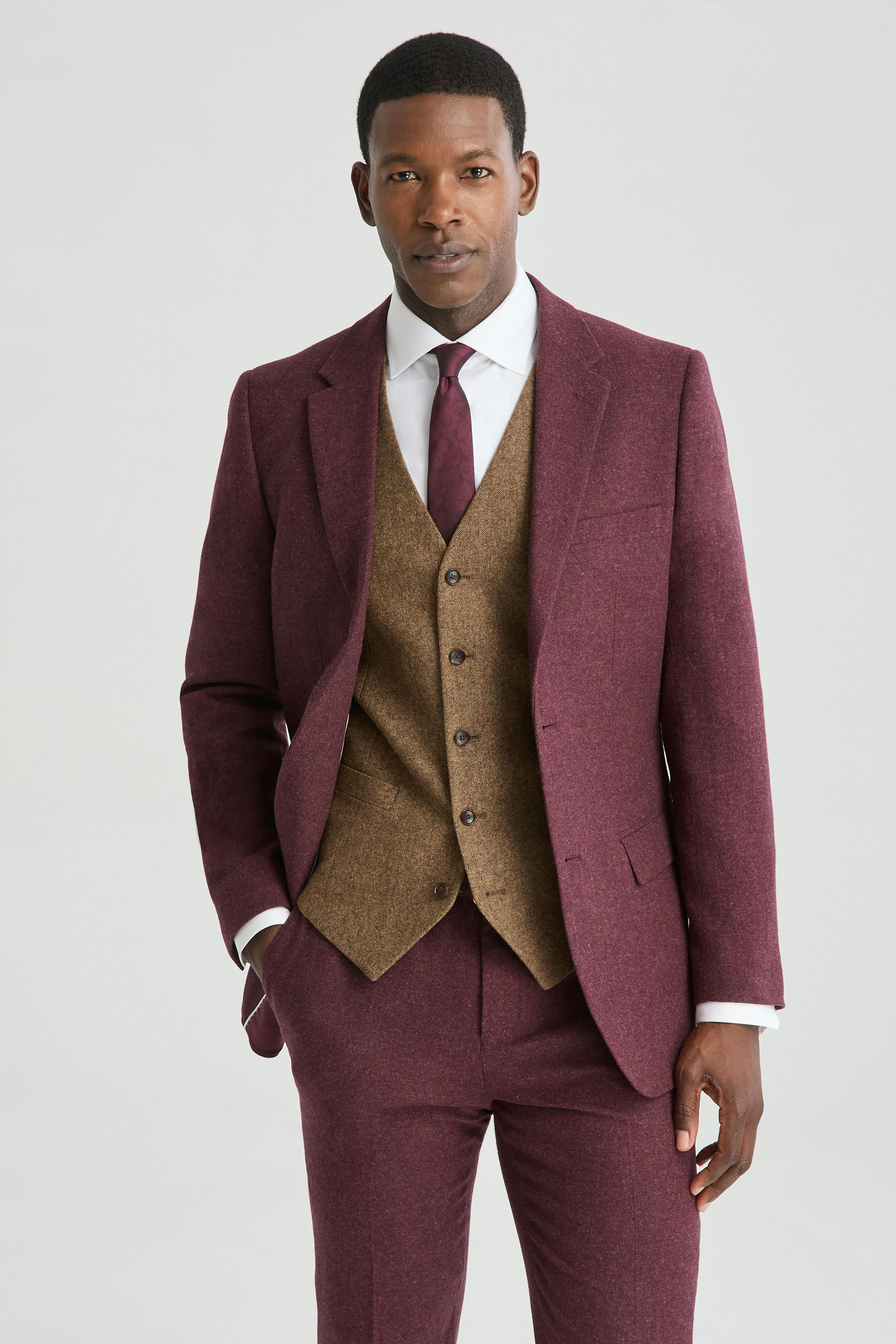 Burgundy tweed men's suit with brown tweed vest