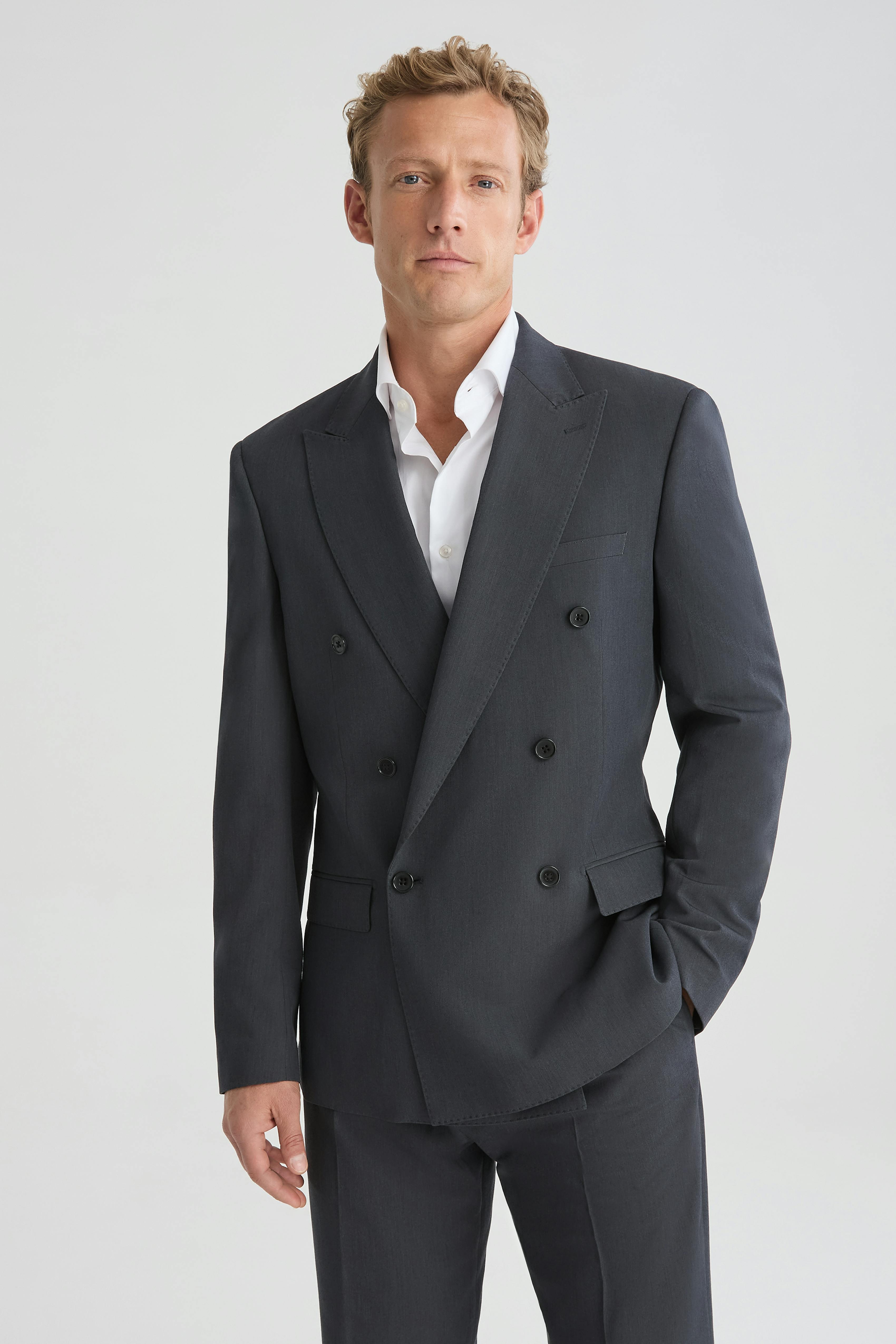 Charcoal grey relaxed double breasted suit jacket for men with wide leg dress pants