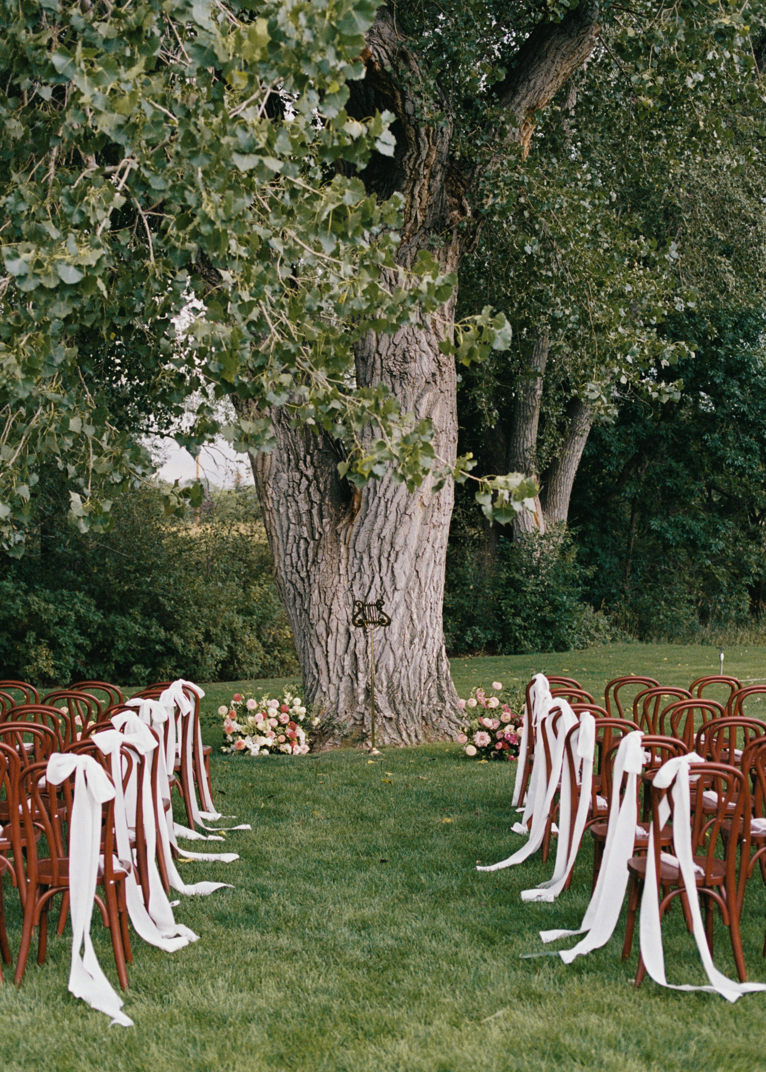 Simple backyard wedding ceremony setup with chocolate brown chairs and white bows