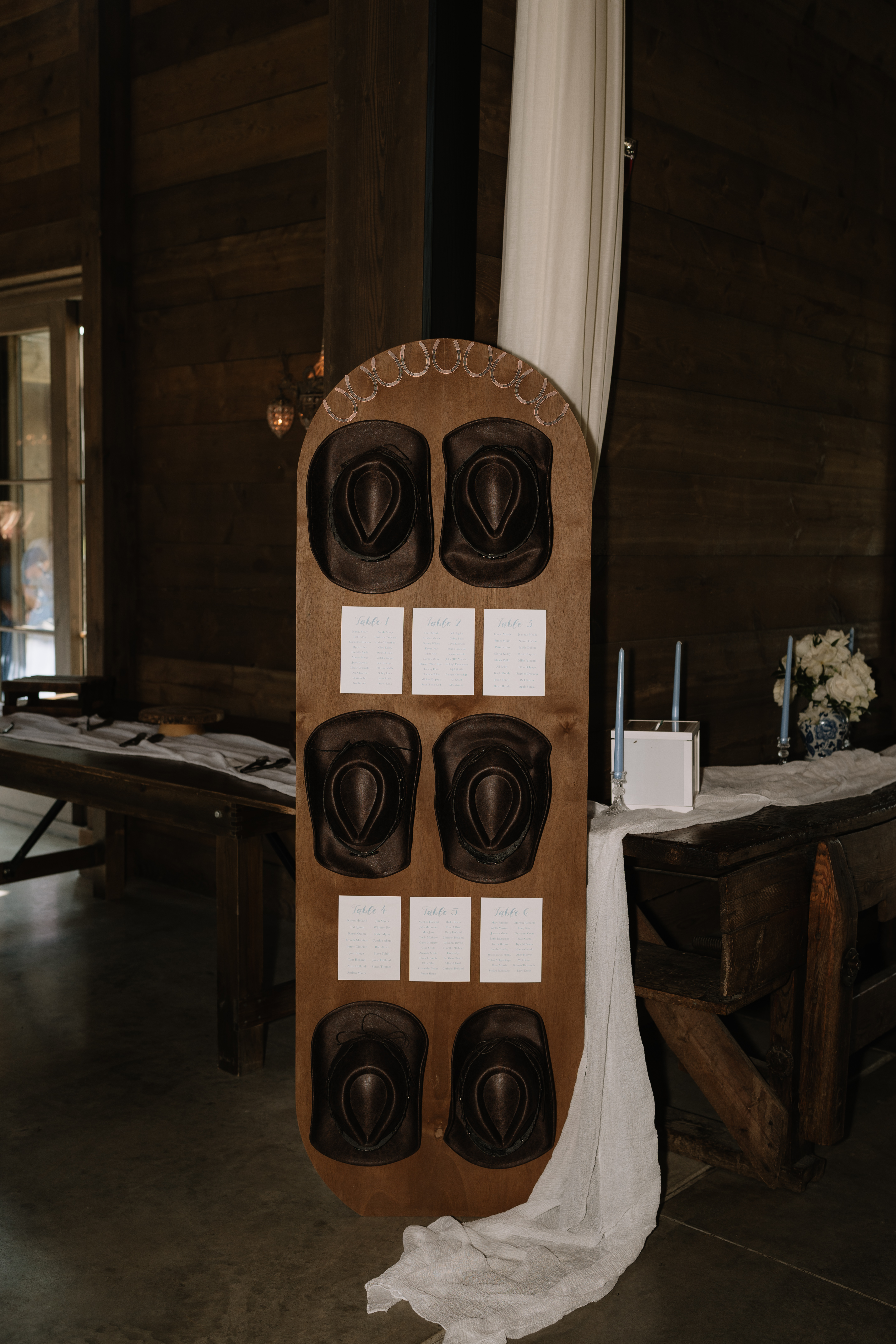 Seating chart sign for western theme wedding with chocolate brown cowboy hat display